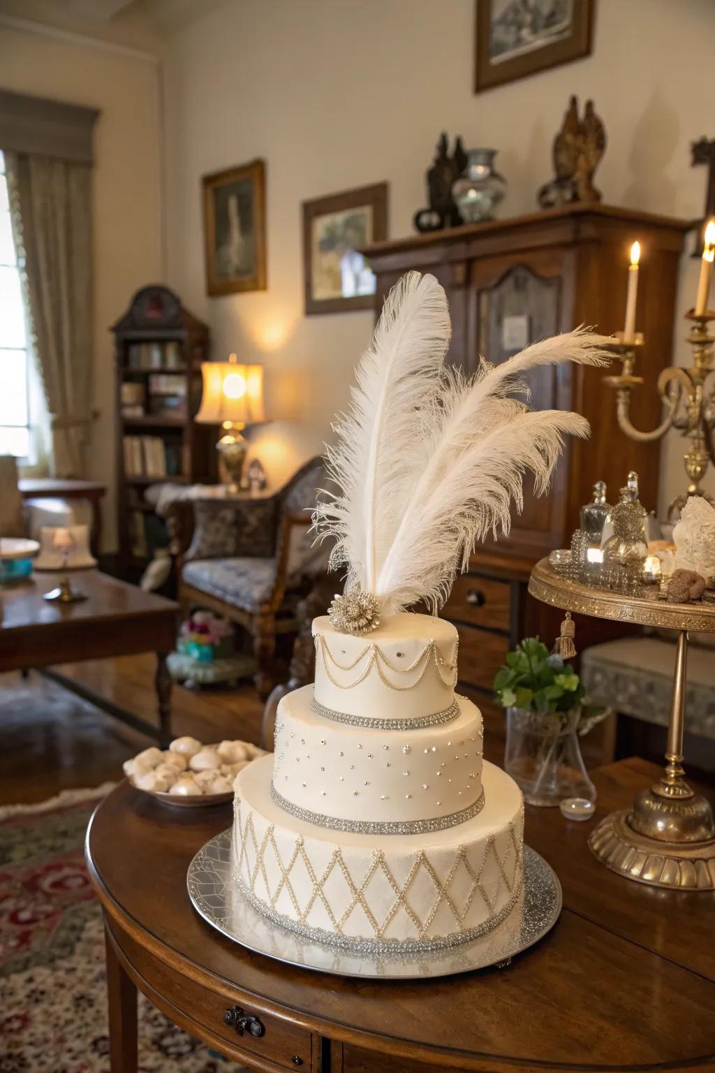 Plume accents bring a sense of movement and elegance to this show-stopping cake.