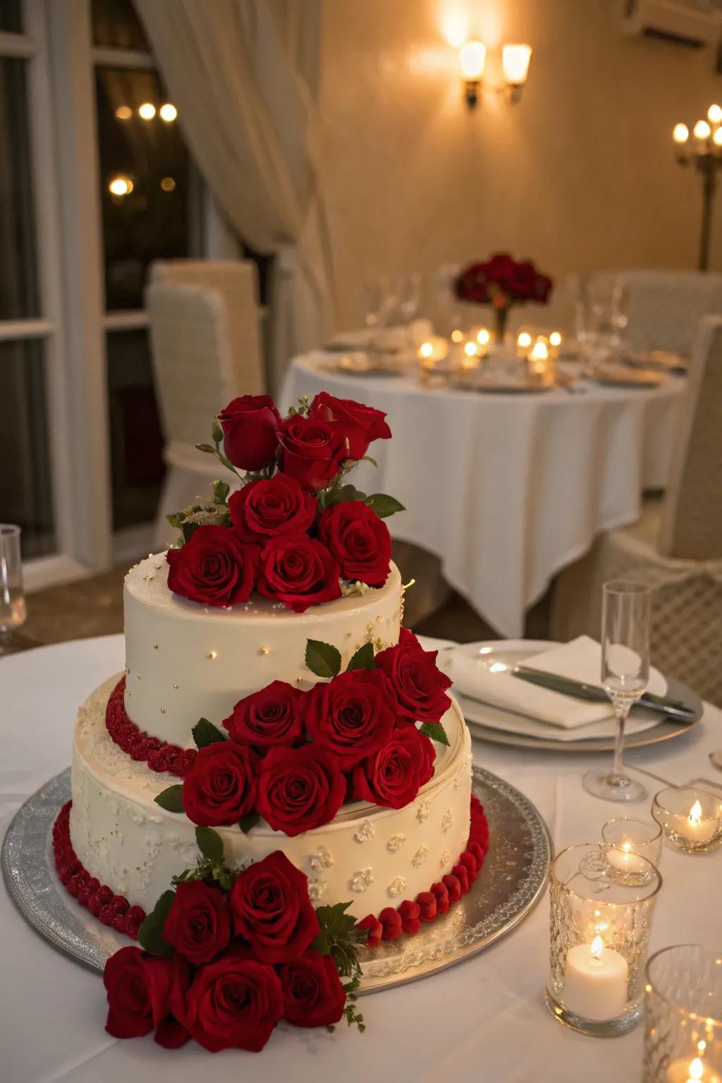 Crimson blooms add a touch of romance and drama to this Hollywood-themed cake.