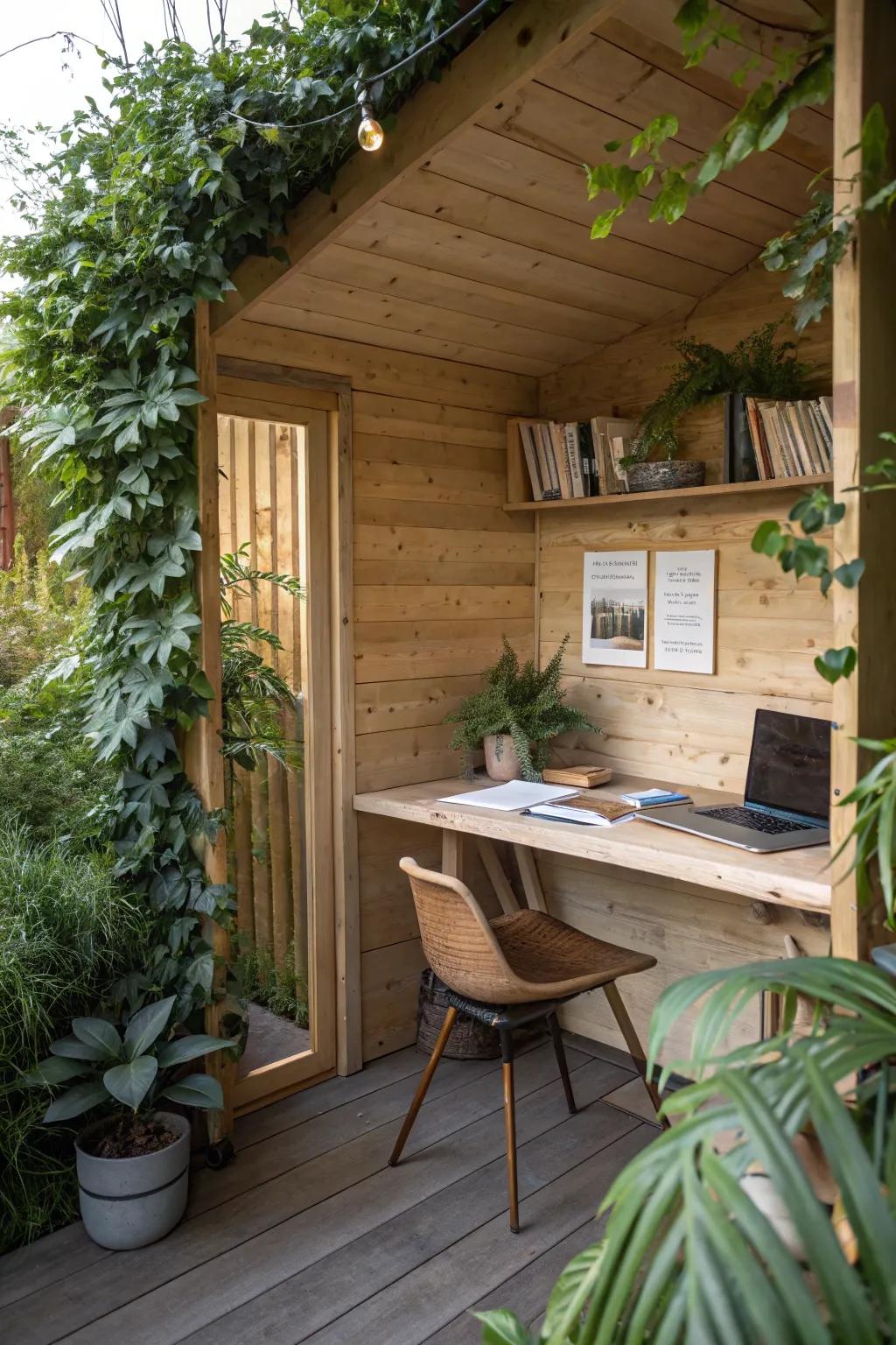 Comforting wooden details in a garden office.