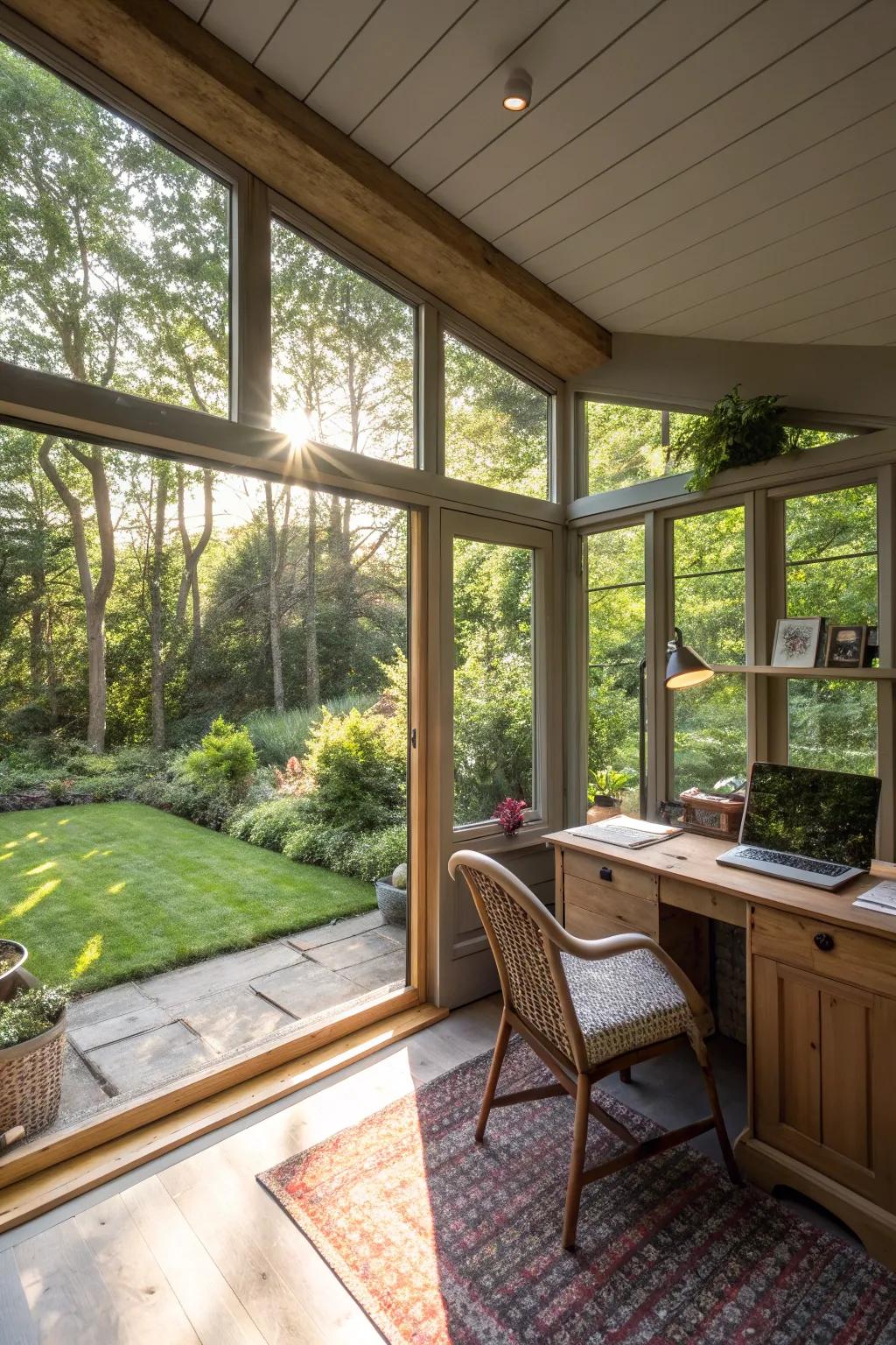 A luminous garden office awash with natural light.
