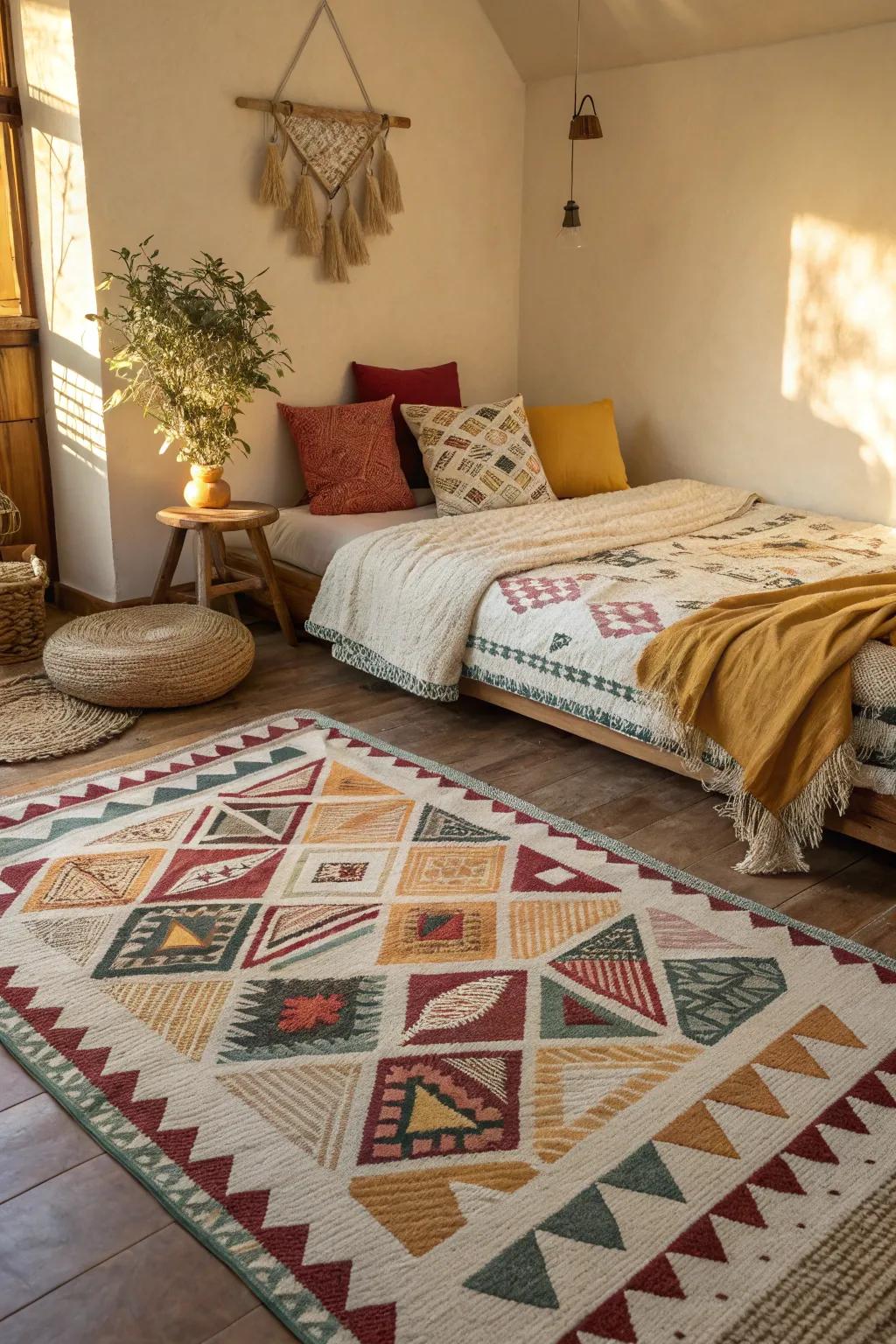 Geometric designs infuse dynamic visual interest to the decor.