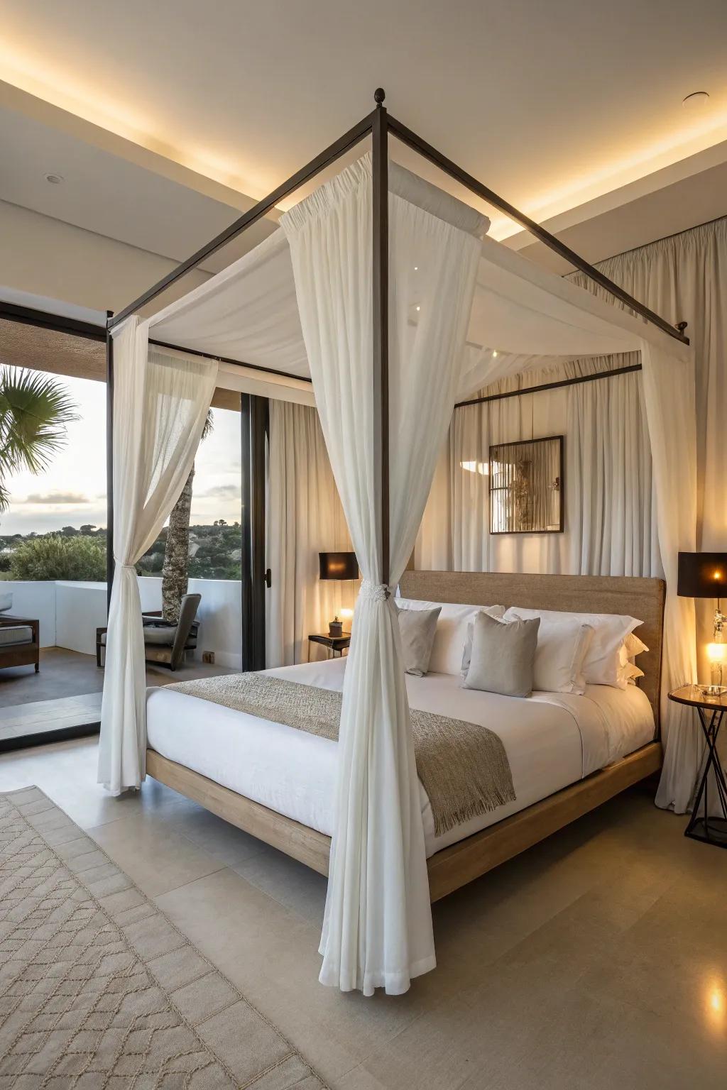 A modern canopy bed adds elegance and a dash of theatrics.