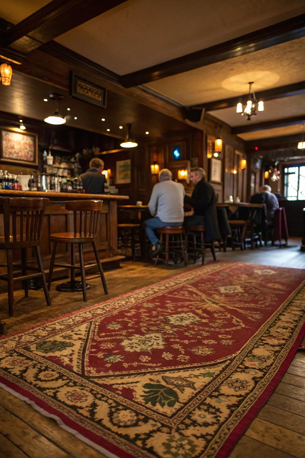 Embellishment rugs furnish warmth and delineate spaces within your pub.