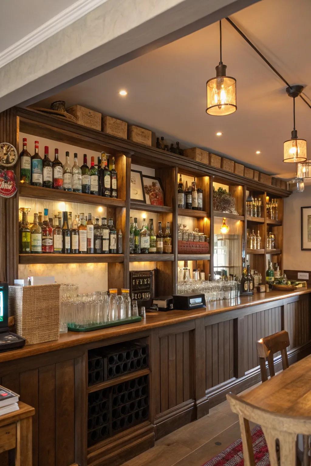 Exposed shelving injects practicality and flair into your pub setup.