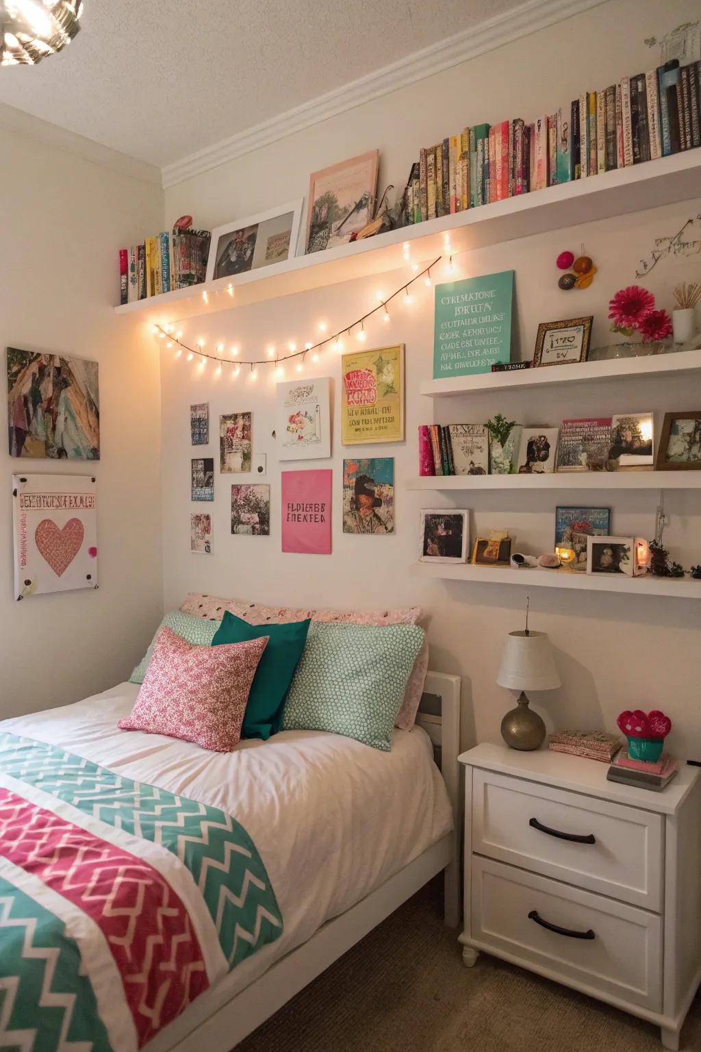 Floating shelves combine display and storage seamlessly.