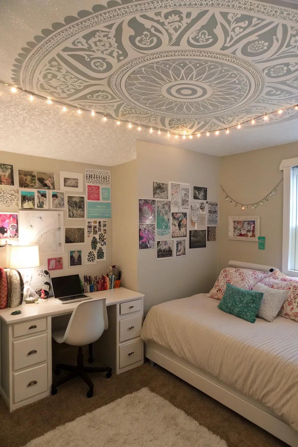 An accent ceiling adds an unexpected flair to the design.