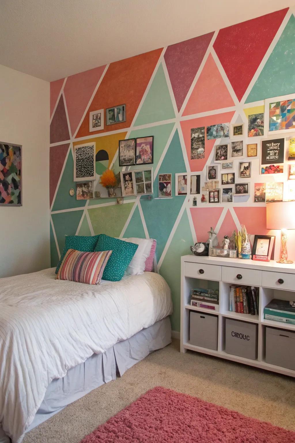 A room completely revolutionized by an eye-catching geometric feature wall.