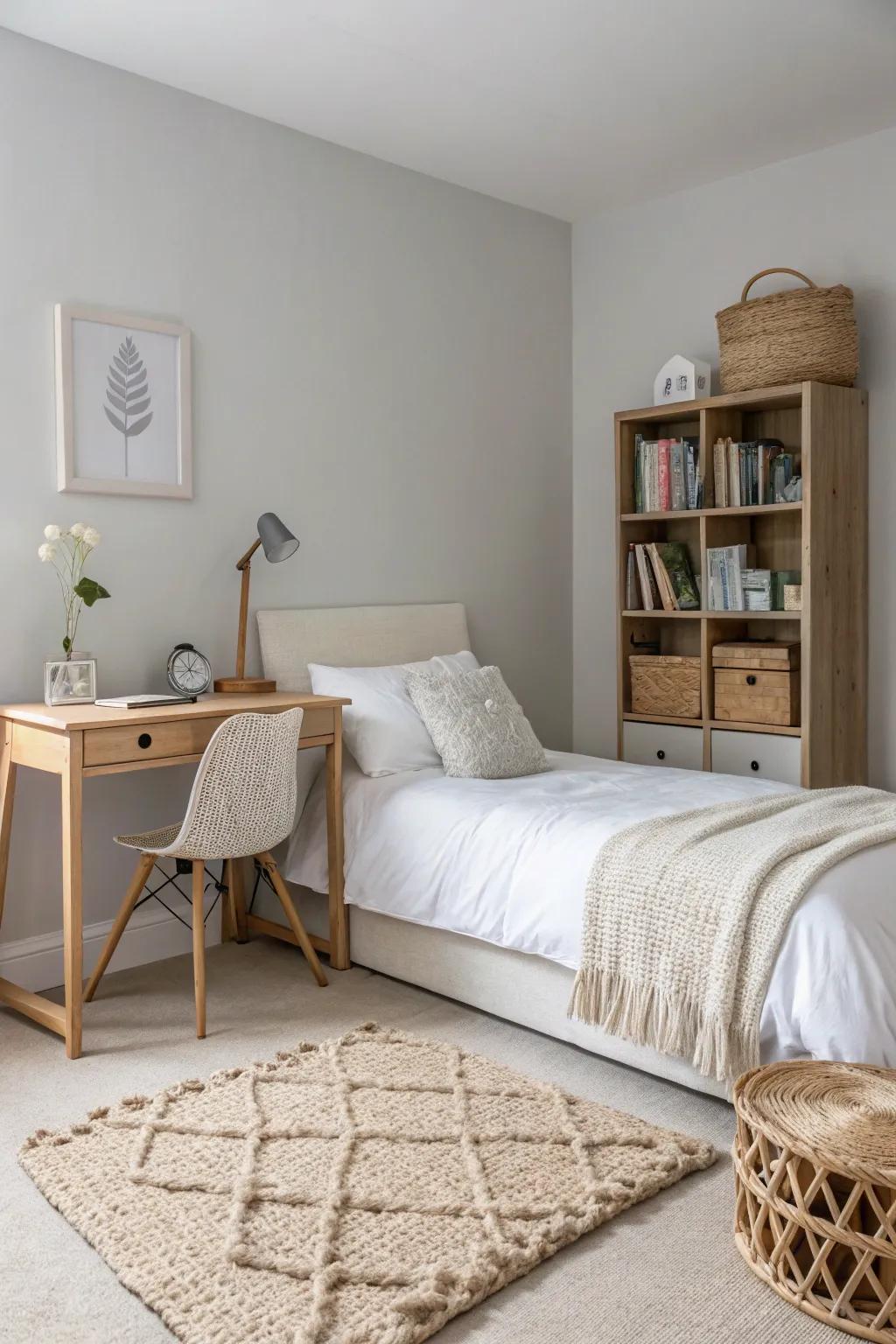 A minimalist bedroom enhanced with subtle textures for added charm.