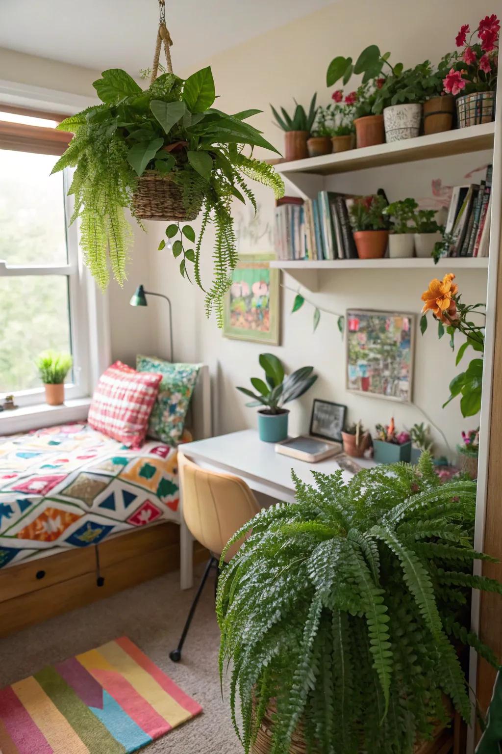 Indoor plants enhance the freshness and vibe of the space.