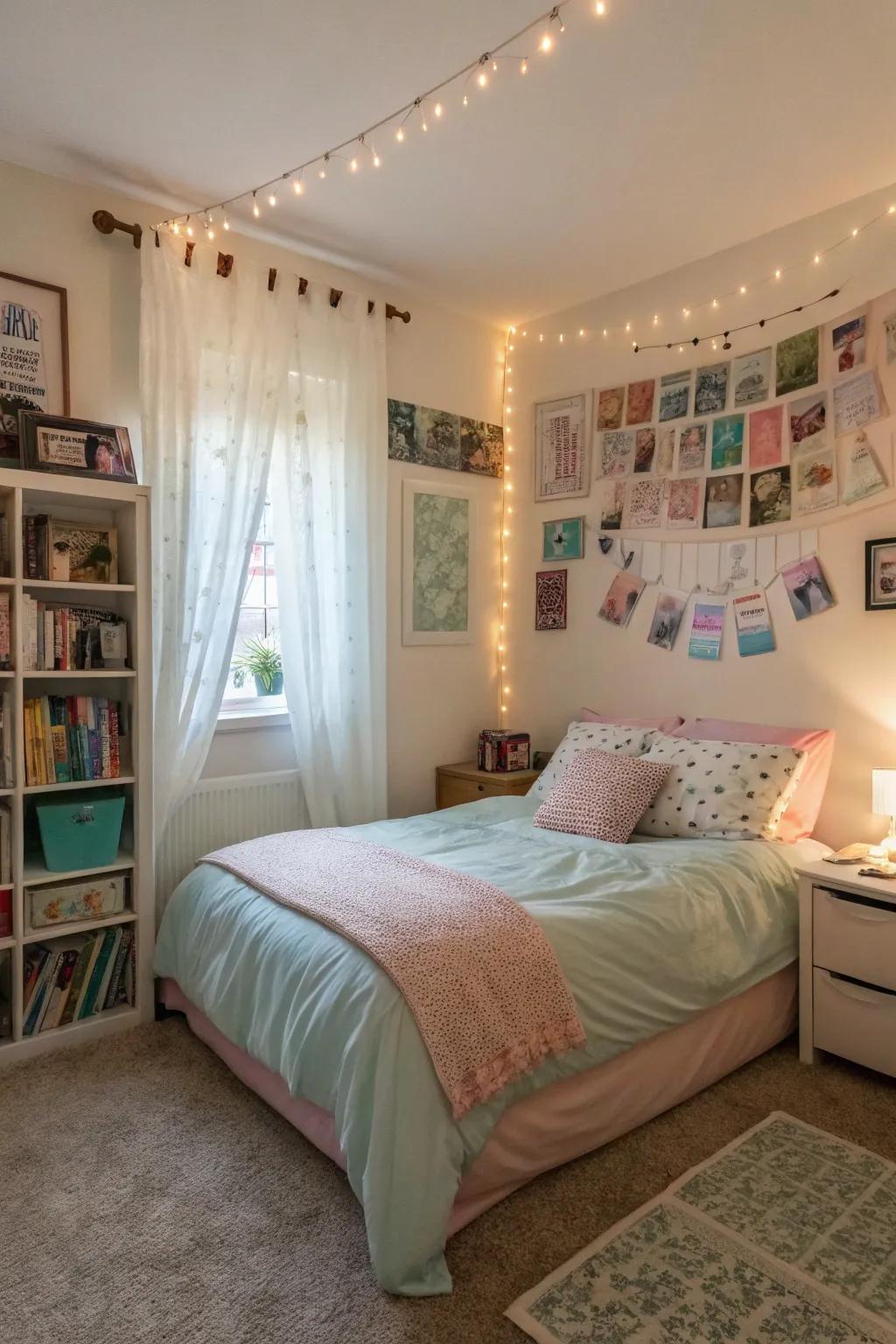 Pastel shades infuse a gentle and welcoming sensation into the area.