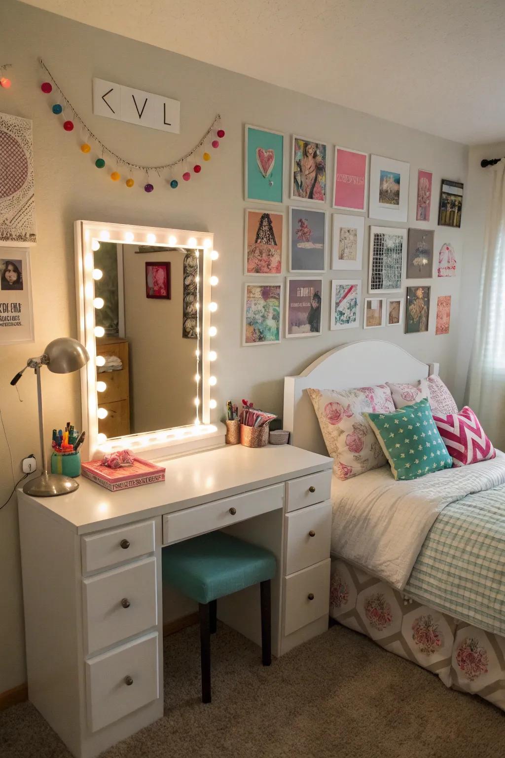 A vanity area adds a touch of elegance and function.