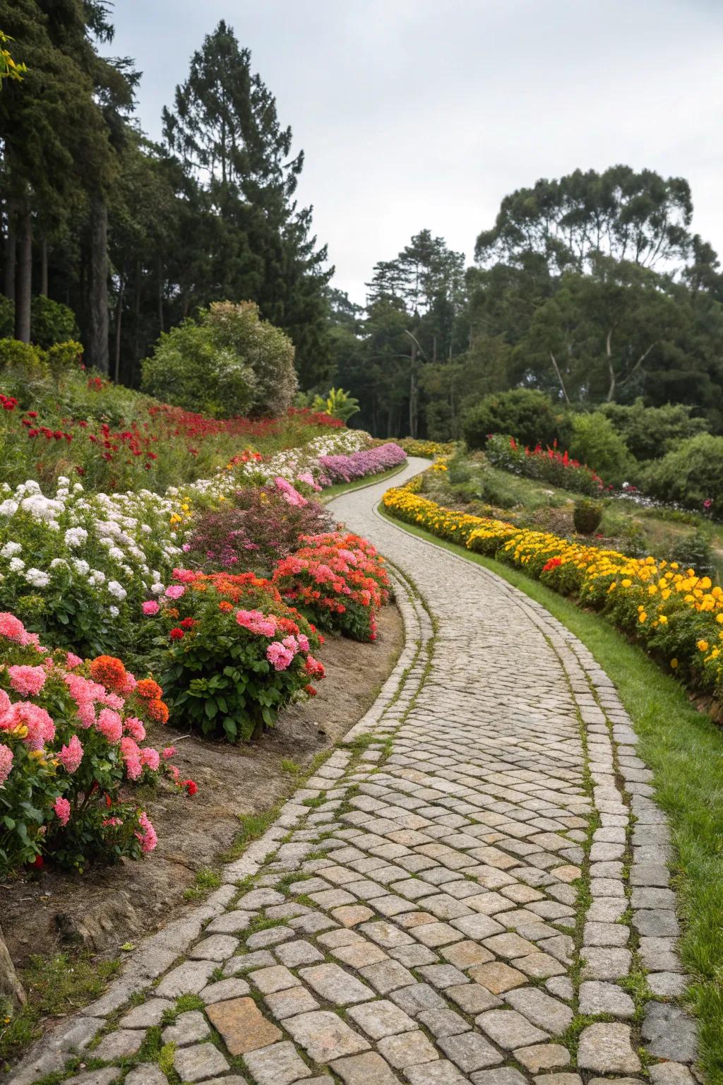A captivating cobblestone route weaving through a vibrant flower garden.