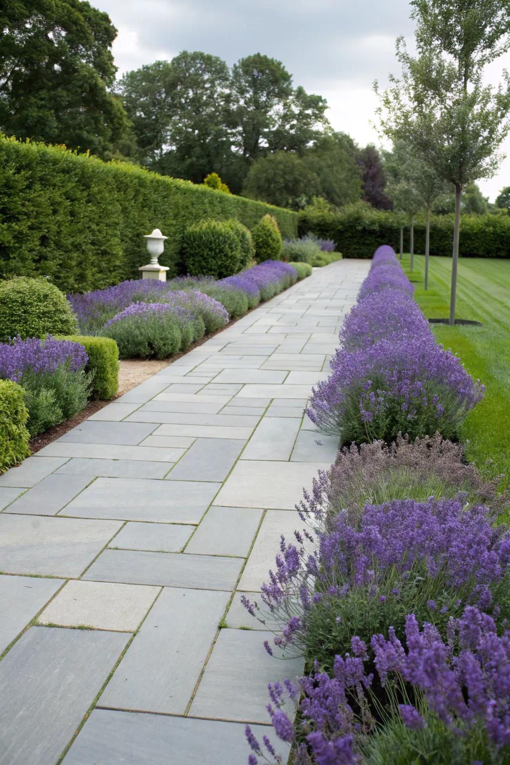A stylish bluestone walkway lined with fragrant lavender.
