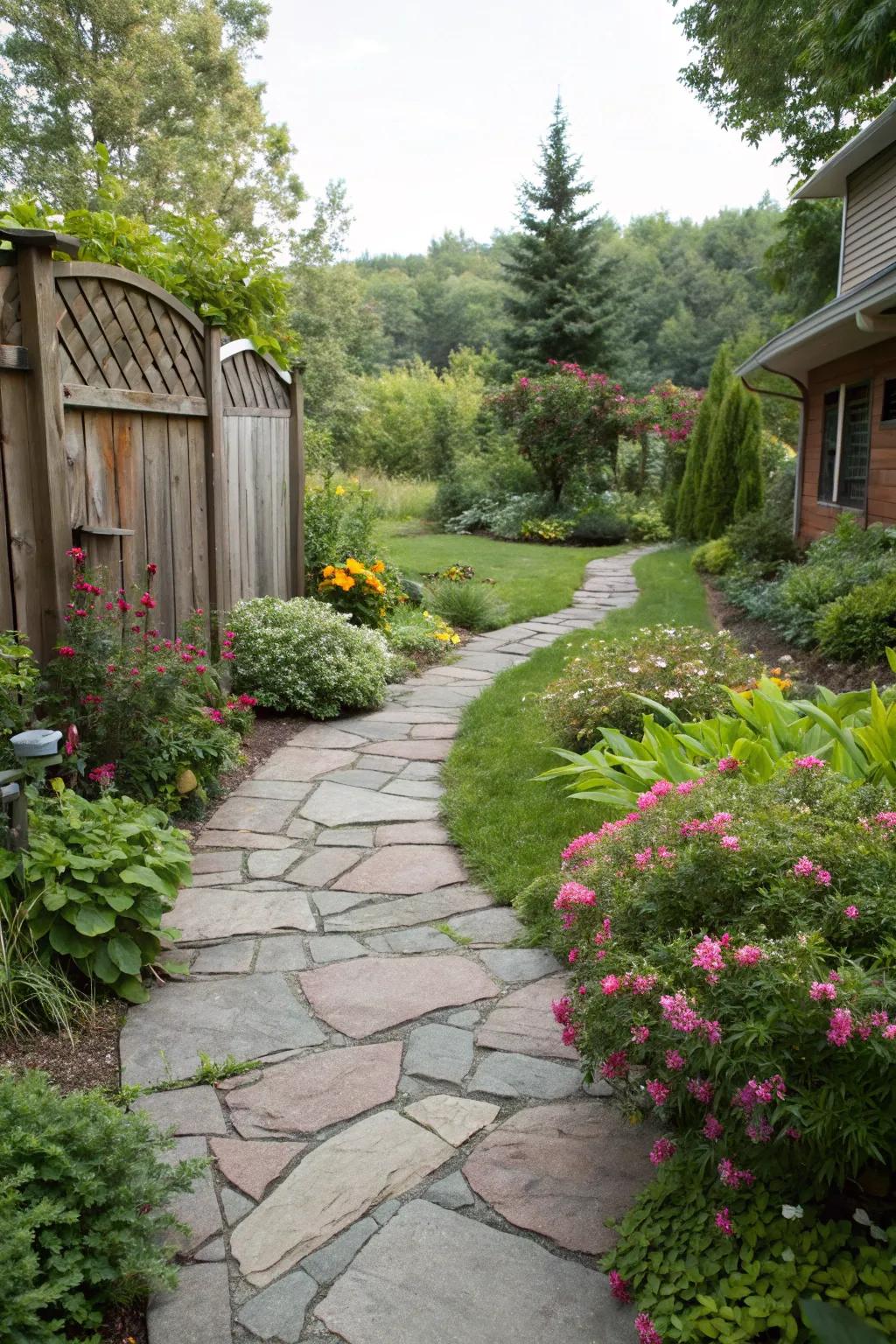 A natural flagstone walkway merging with garden greenery.