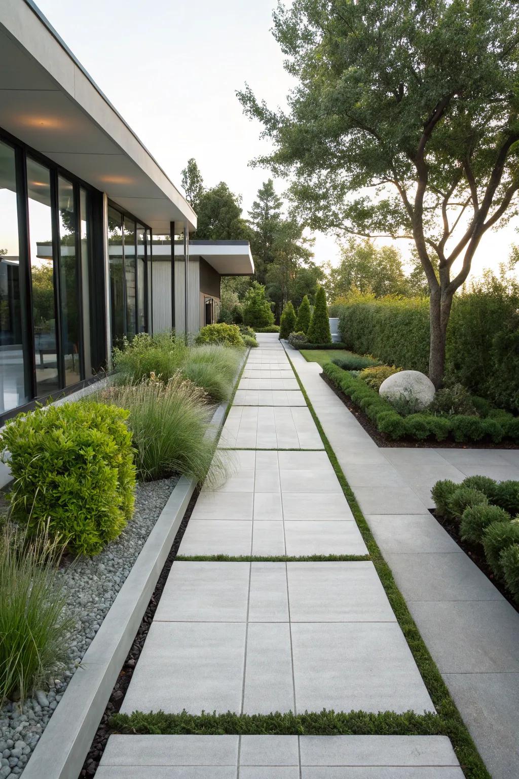 A chic concrete paver pathway in a simple, modern garden.