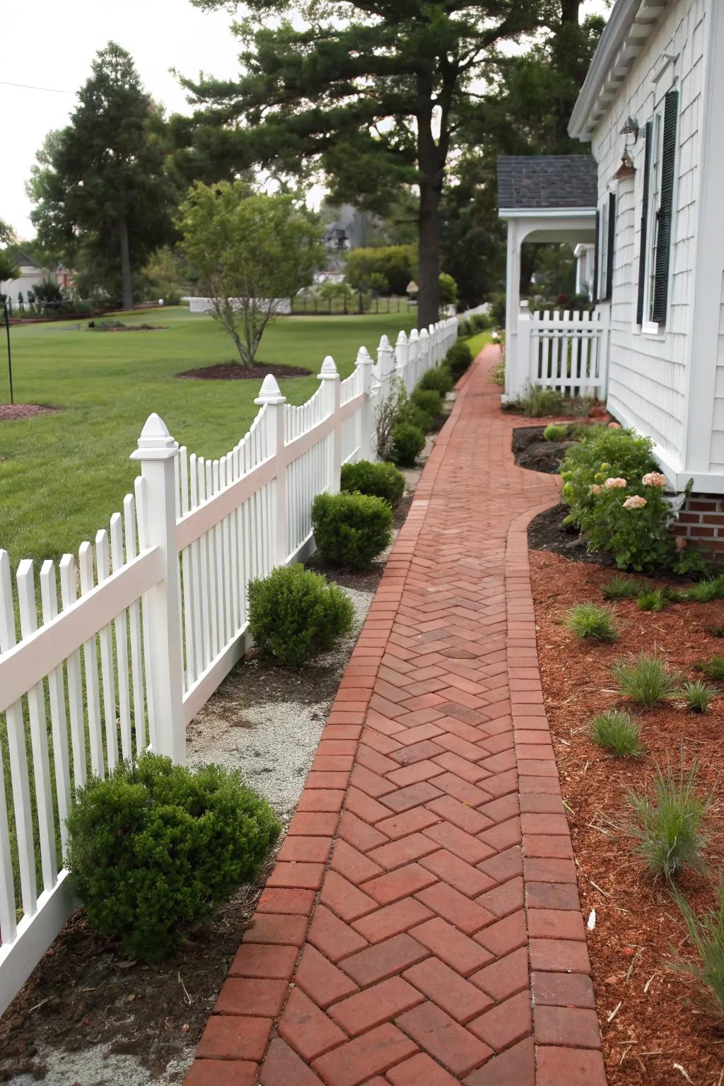 A classic red brick paver pathway nestled in a welcoming suburban landscape.