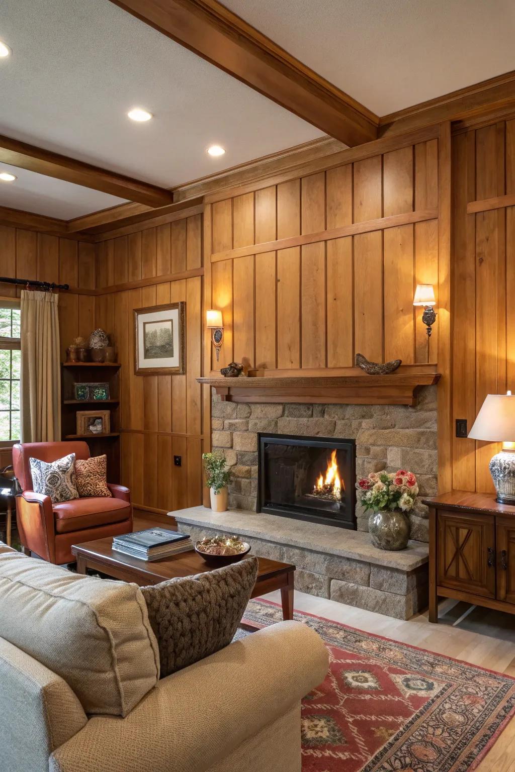 The warm wooden panels create a cozy atmosphere near the fireplace.