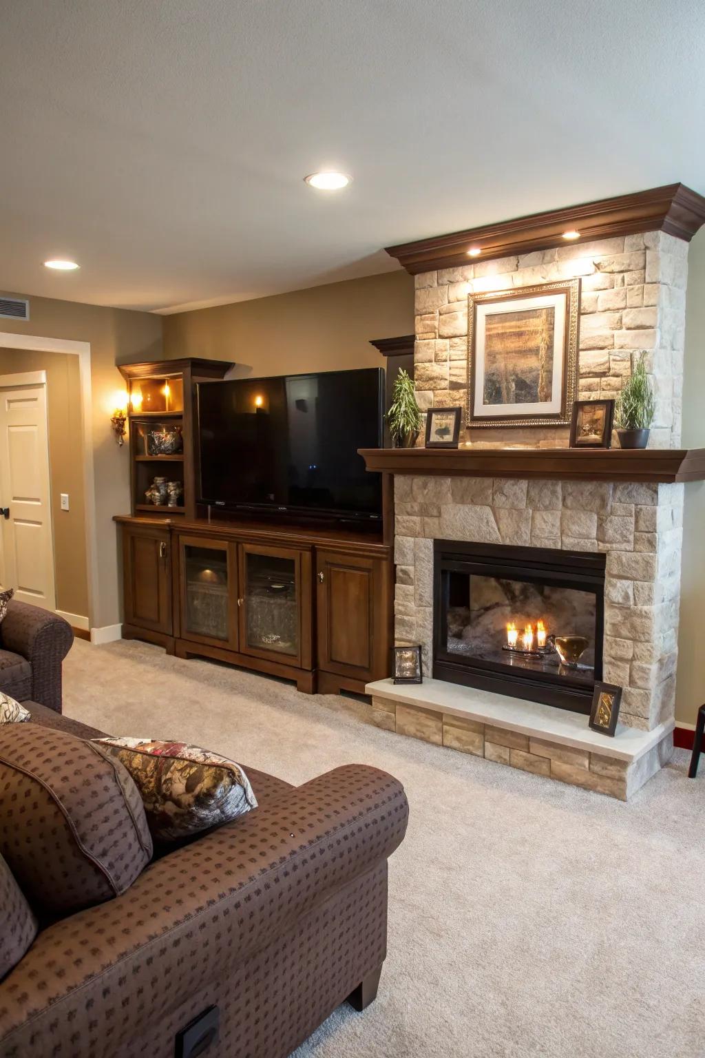 A streamlined media center with a TV mounted over the fireplace.