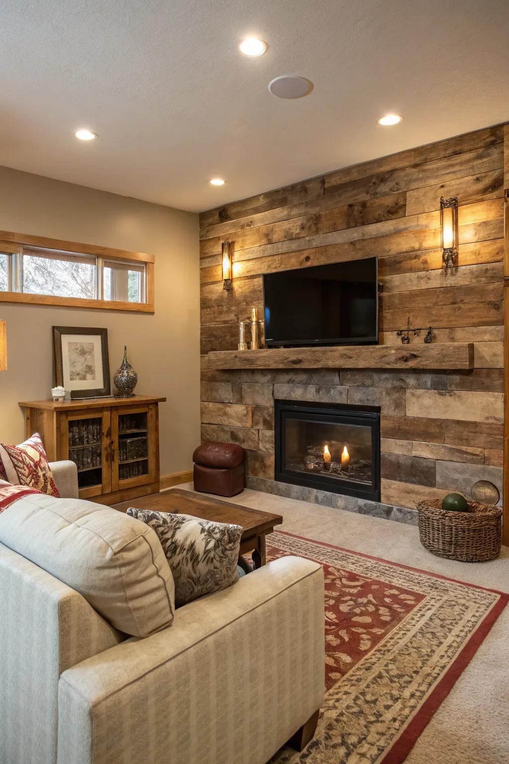 Salvaged timber infuses this fireplace wall with rustic charm.