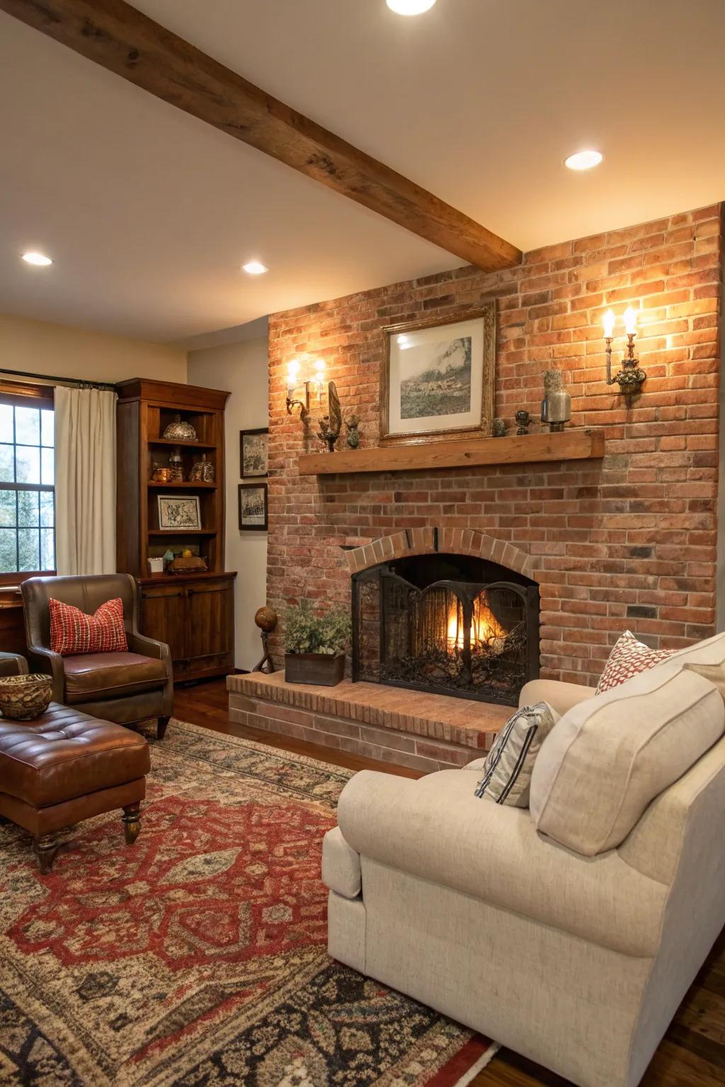 An open brick fireplace wall creates a timeless atmosphere.