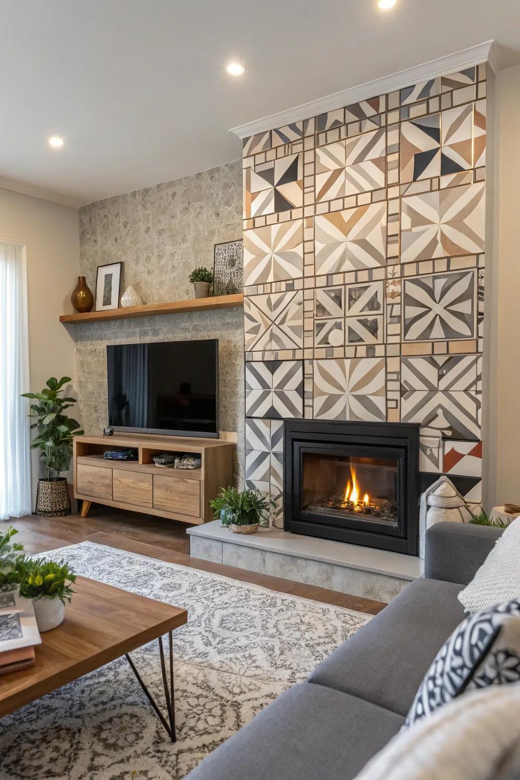Geometric tiles provide a modern twist to this fireplace wall.
