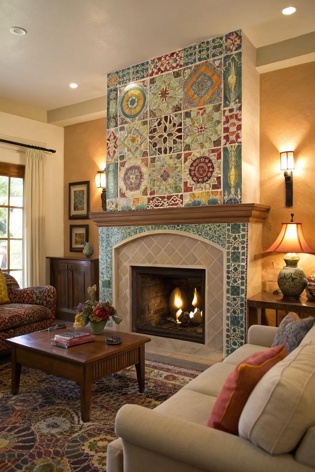 This fireplace wall radiates with vibrant tile mosaics.