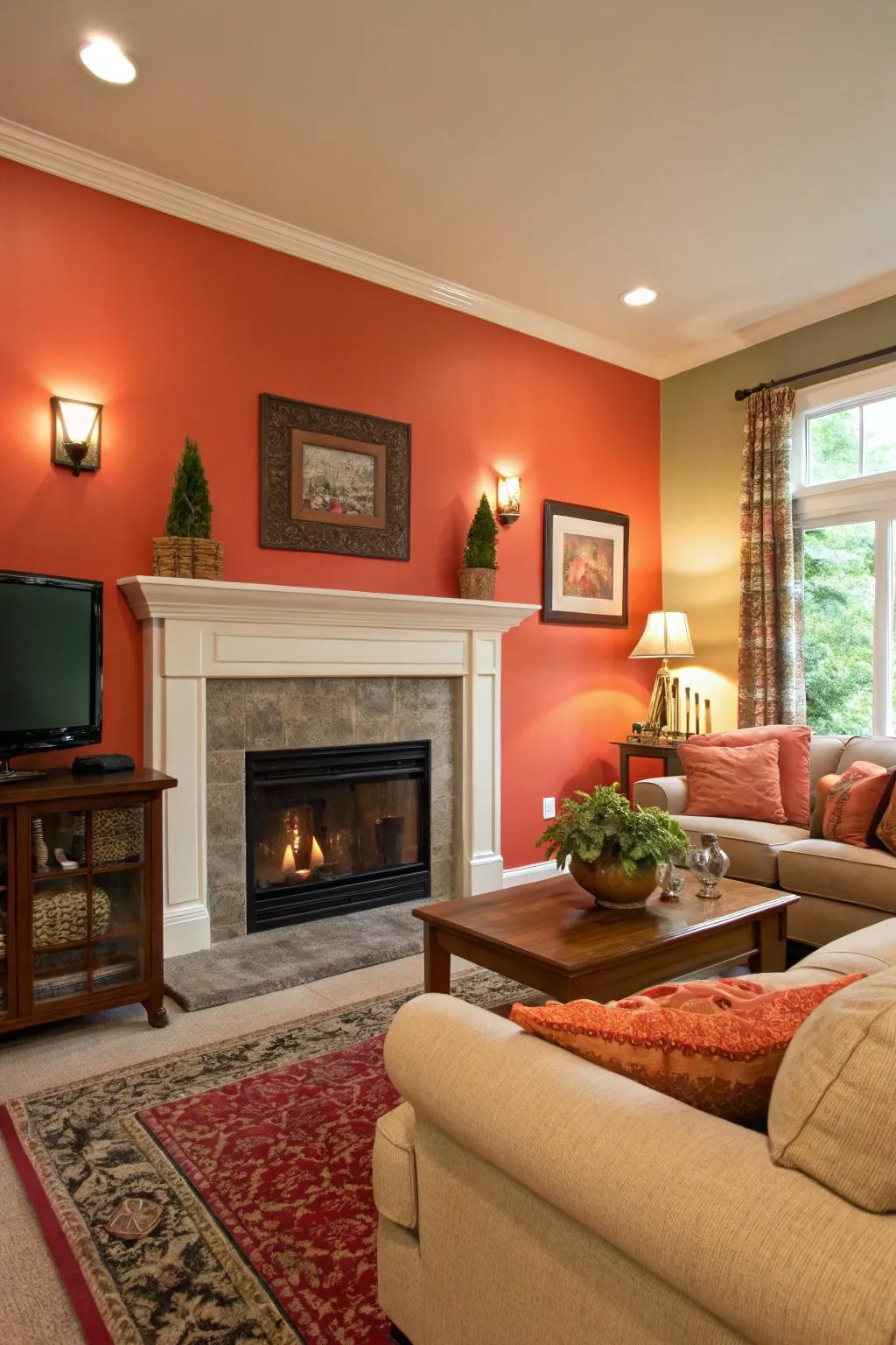 A bold color energizes this fireplace wall.