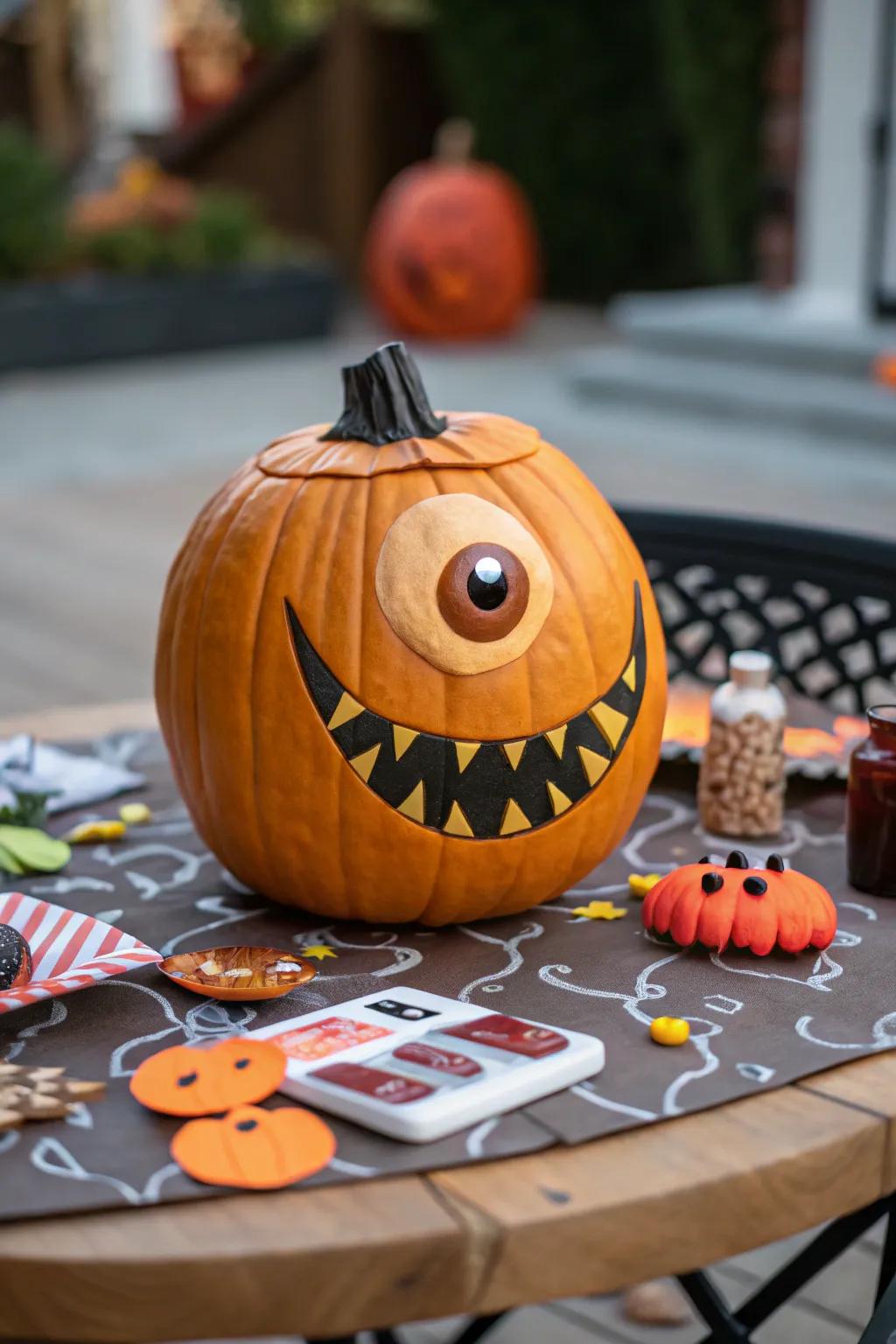 A quirky, cyclopean pumpkin marked by its amusement and distinctiveness.
