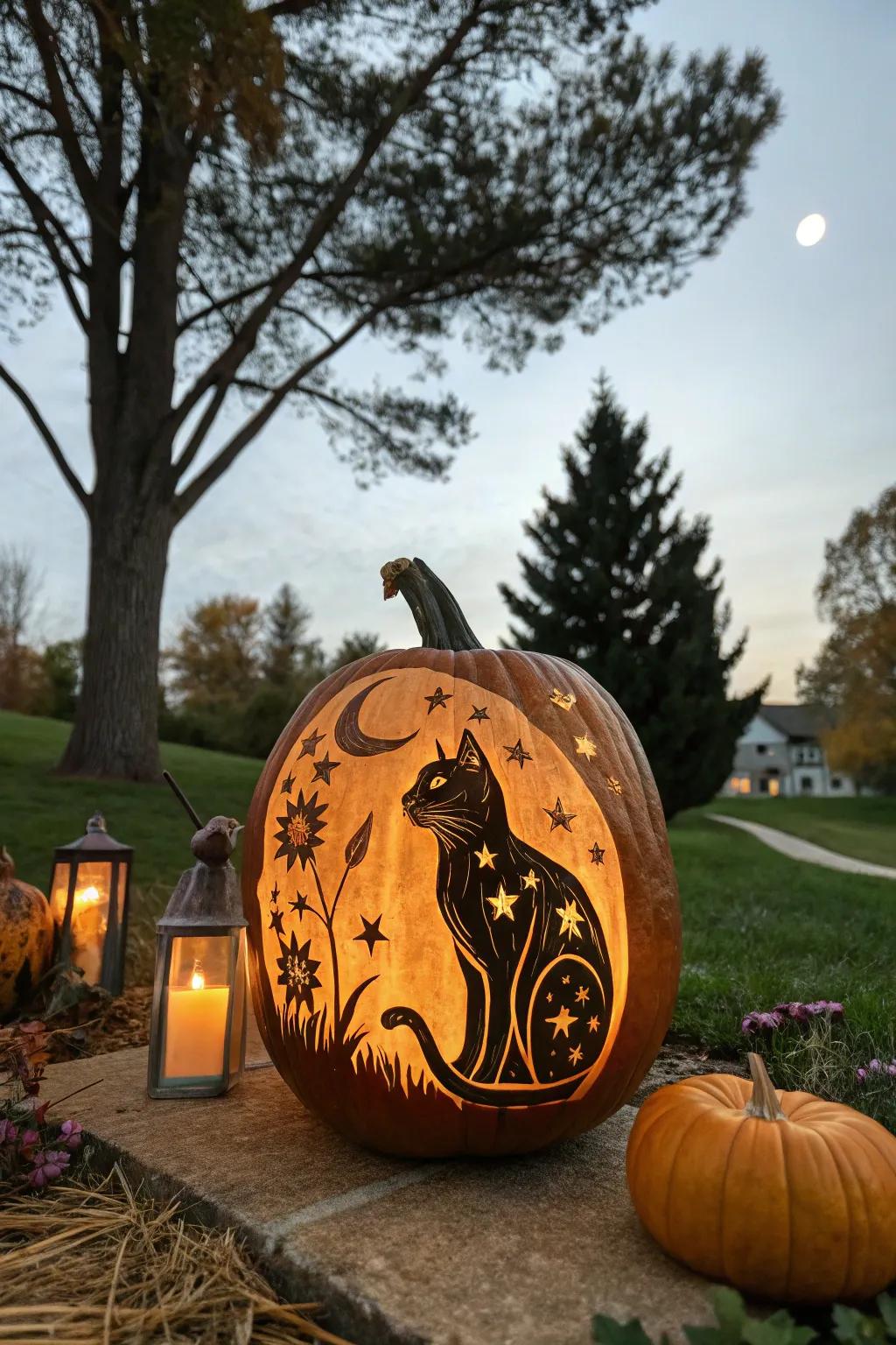An enchanted moon feline pumpkin imbuing a dash of charm.