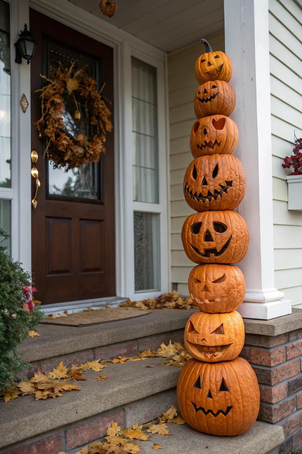 A stacked pumpkin totem crafting a vibrant point of entry.