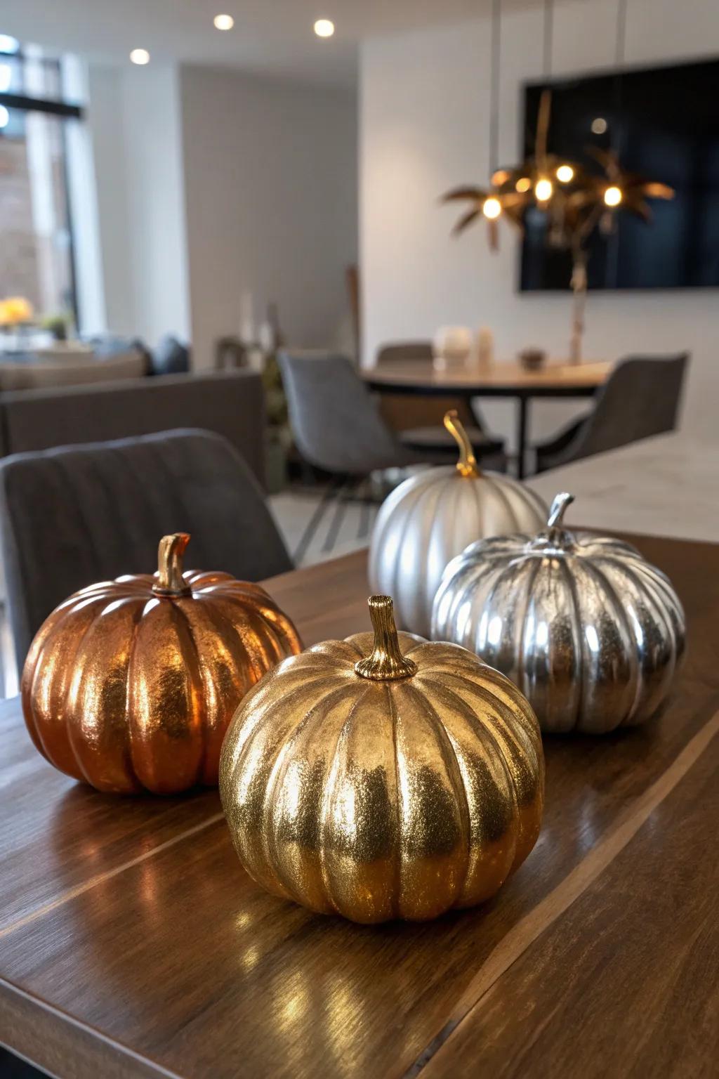 Reflective metallic pumpkins radiating glamorous allure.