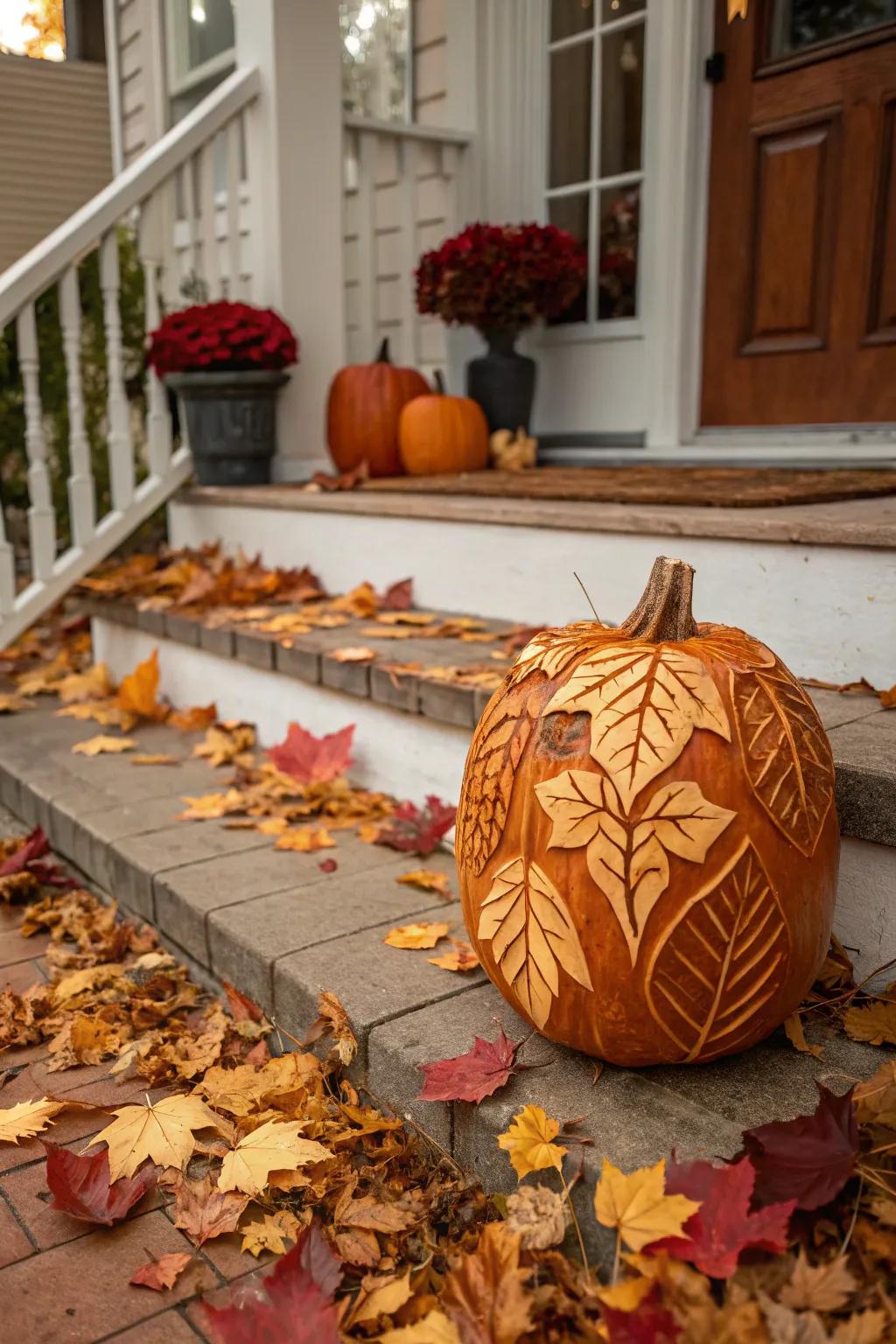 A seasonal, foliage-patterned pumpkin encapsulating the spirit of fall.
