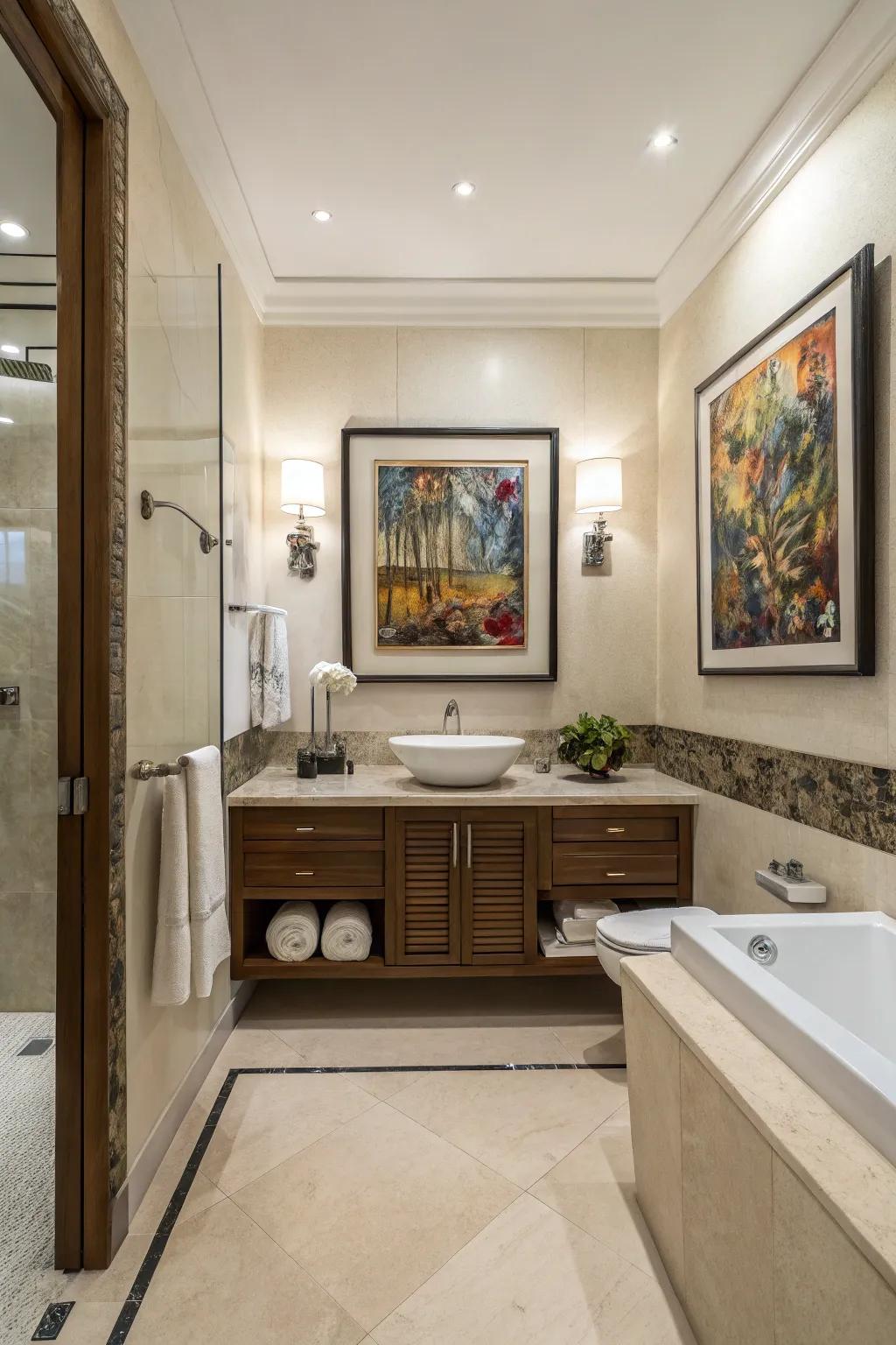 A striking art piece serves as a captivating centerpiece.