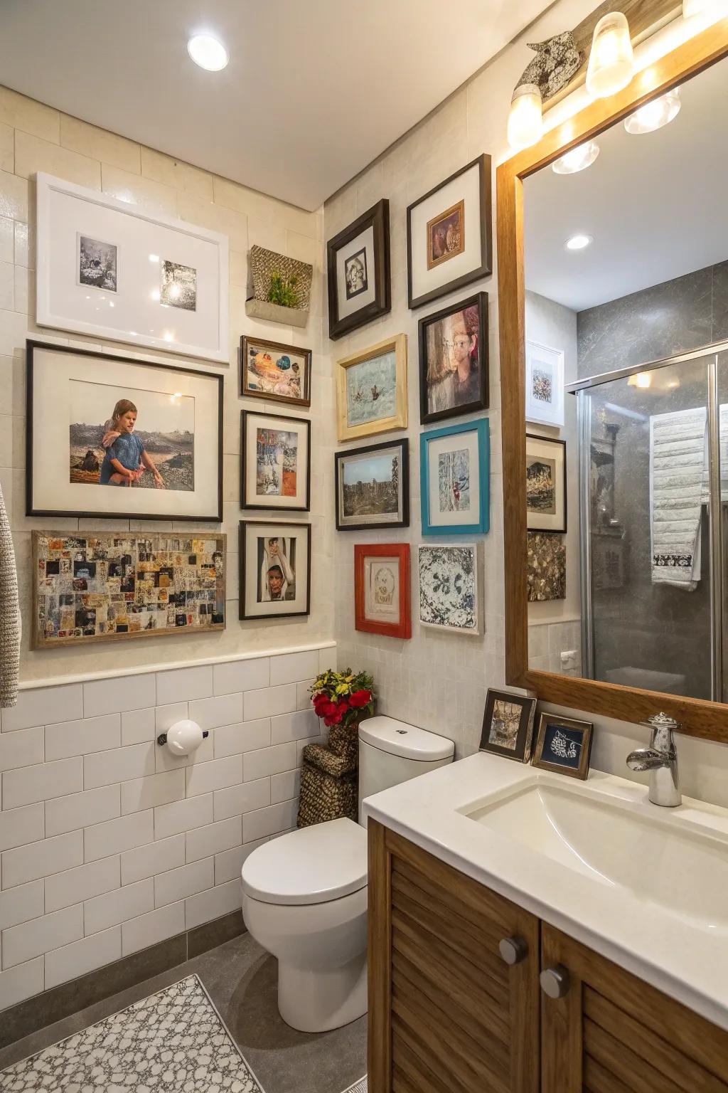 A gallery wall infuses personality and gives depth to any bathroom.