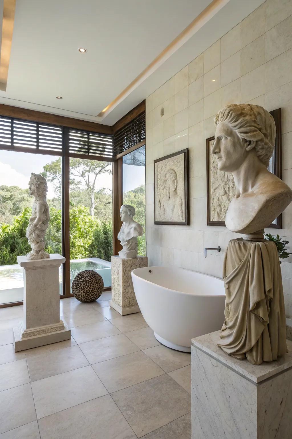 Sculptural art adds intriguing depth and texture.