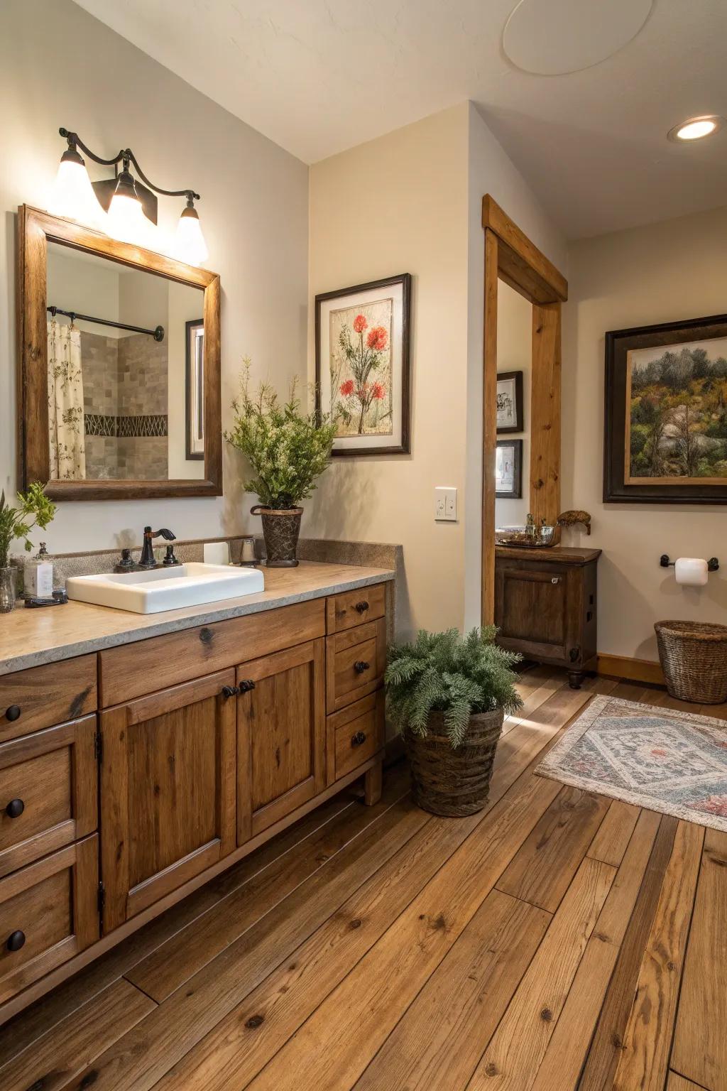 Natural materials and art create a warm, rustic feel.