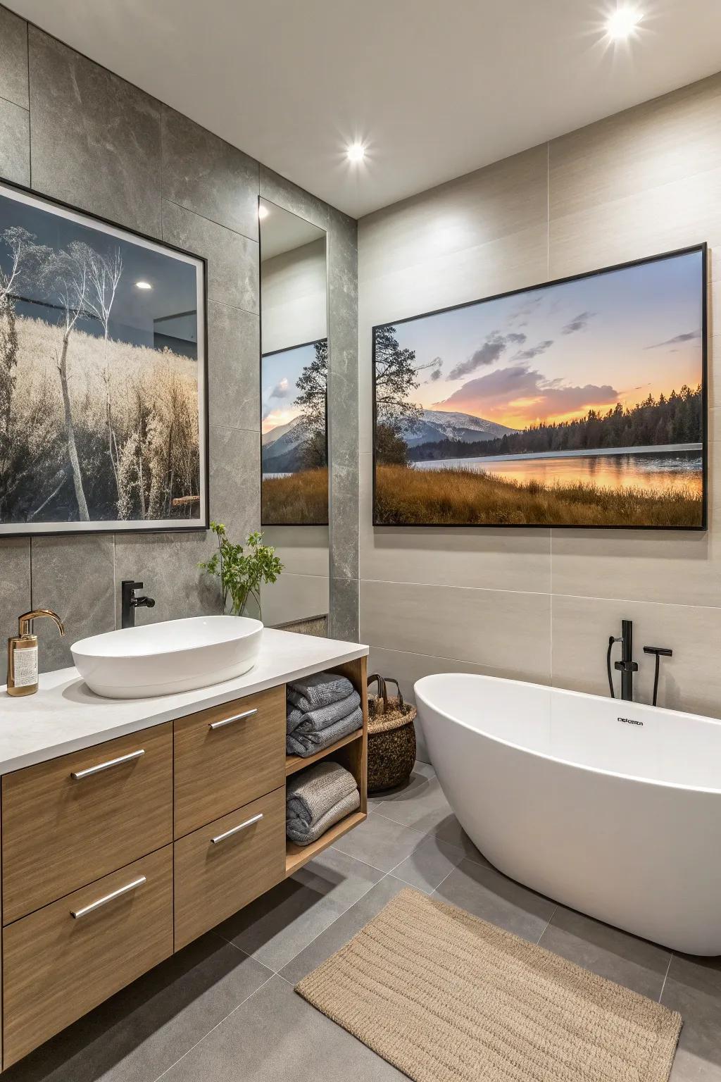 Wall art has the power to turn a bathroom into an elegant, tranquil escape.