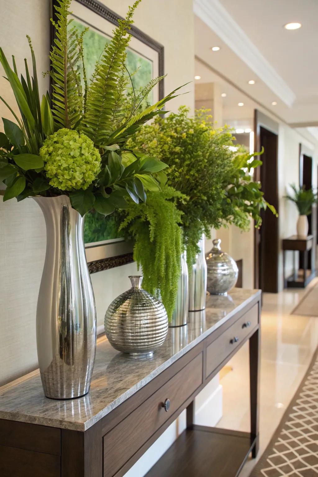 Vases paired with floral elements can impart a revitalizing and dynamic vibe to your foyer.