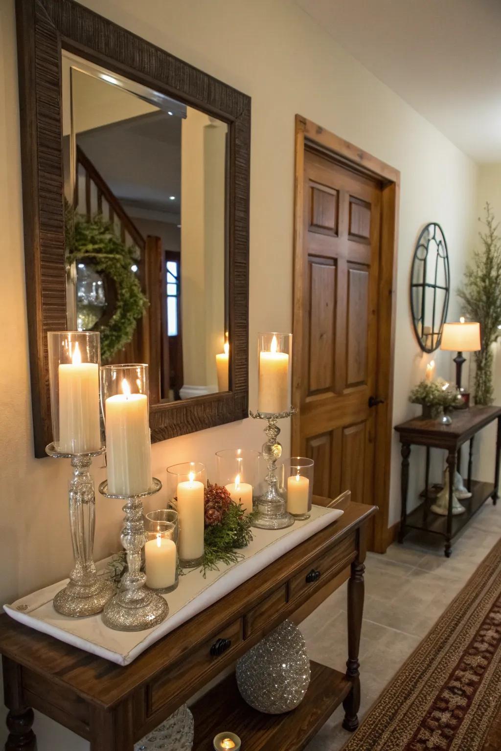 Candles enhance warmth and create a welcoming light.
