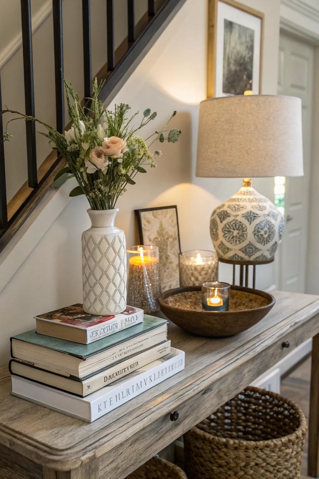 Books add to the sense of depth and can serve as risers for other decorative elements.