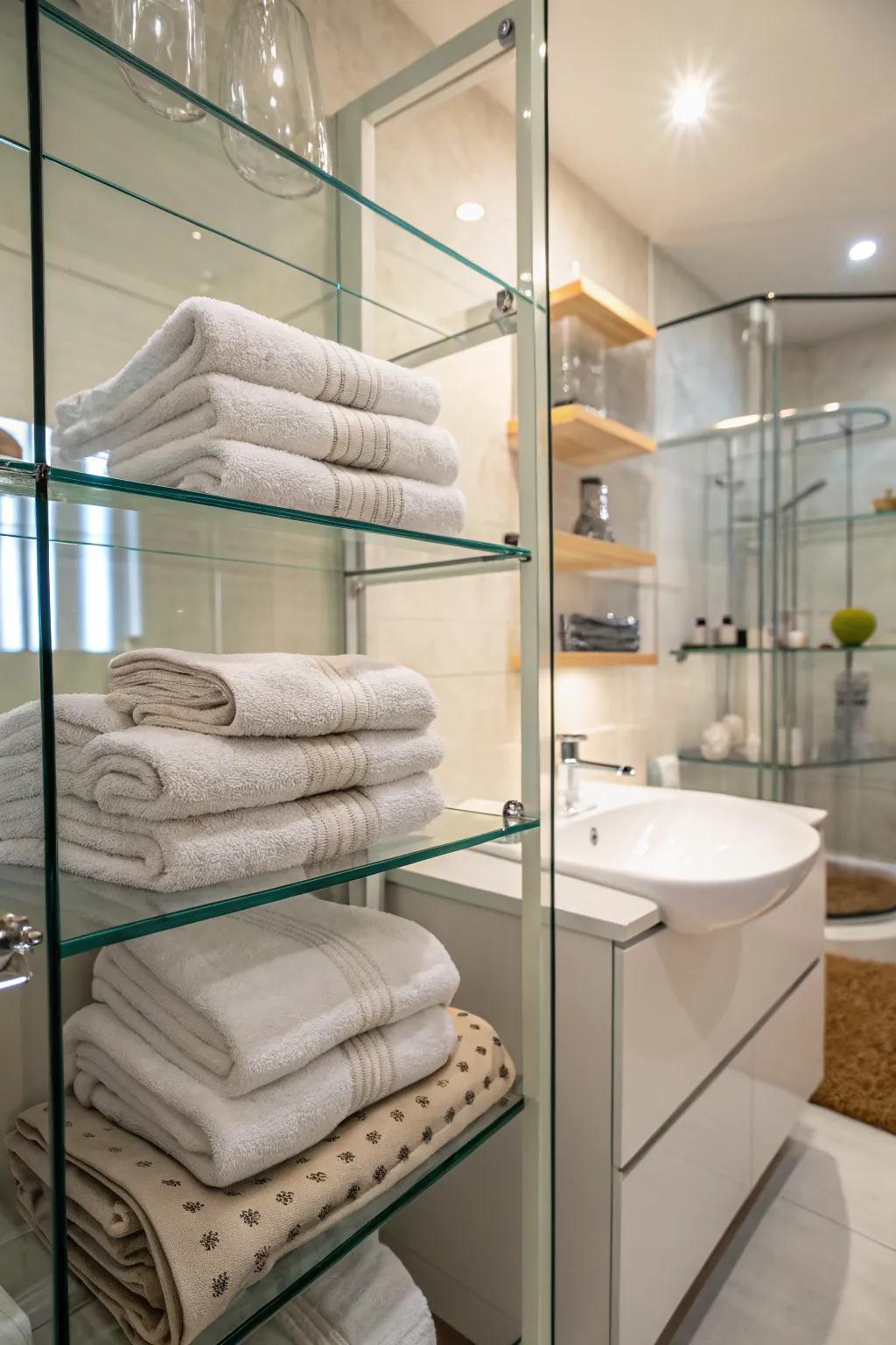 Glass shelves add a touch of class to towel storage.