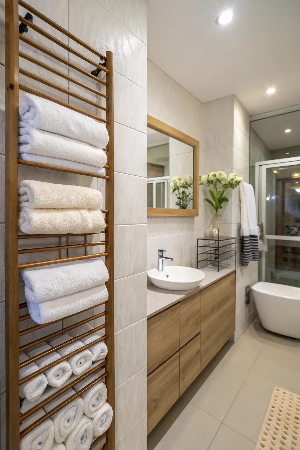 Wall-mounted units offer good towel storage in a small space.