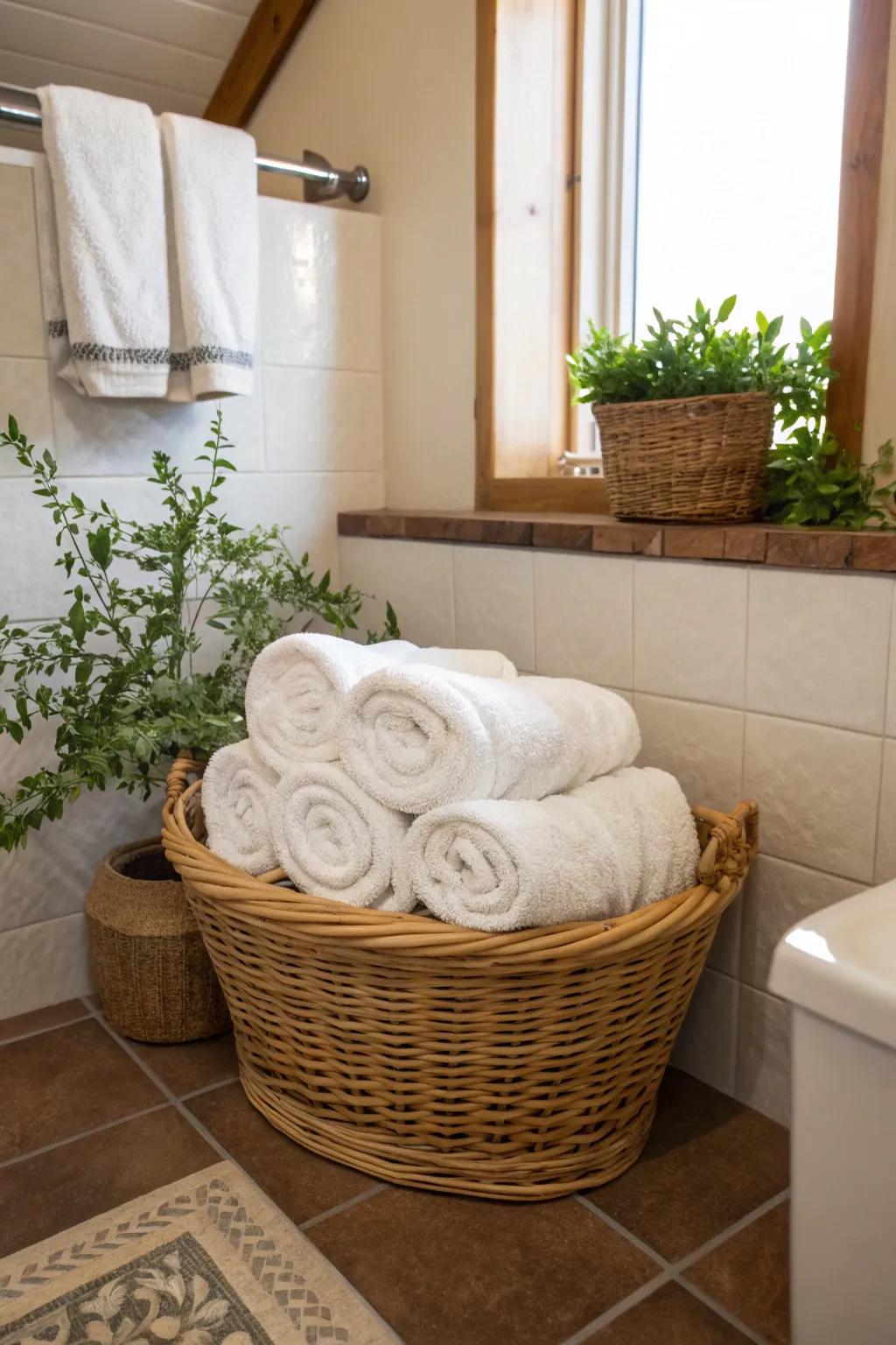Baskets are a down-to-earth and useful way to keep towels.