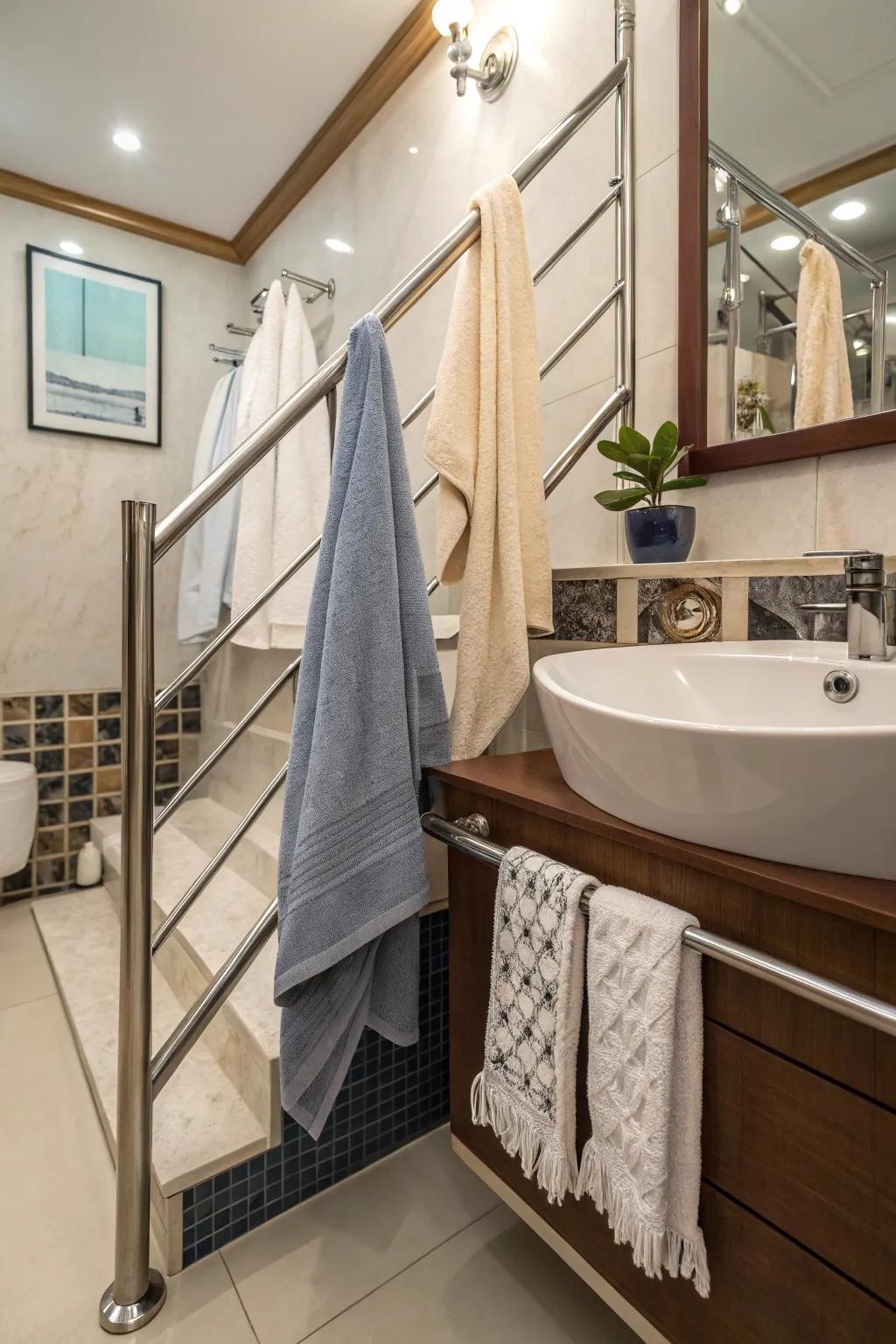 Railing systems let you set up your towels just how you like them.