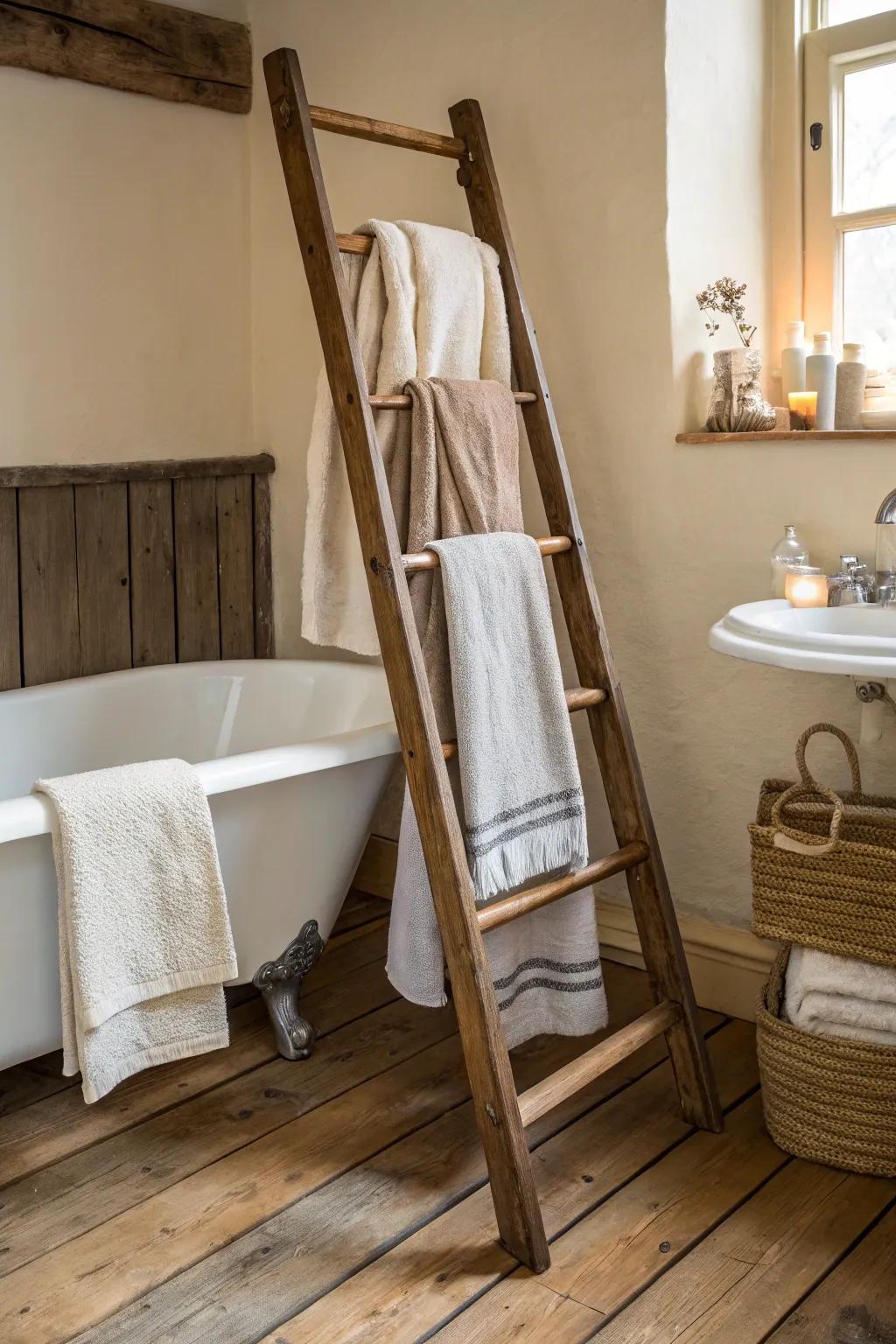 An old ladder adds old-fashioned charm to how you keep towels.
