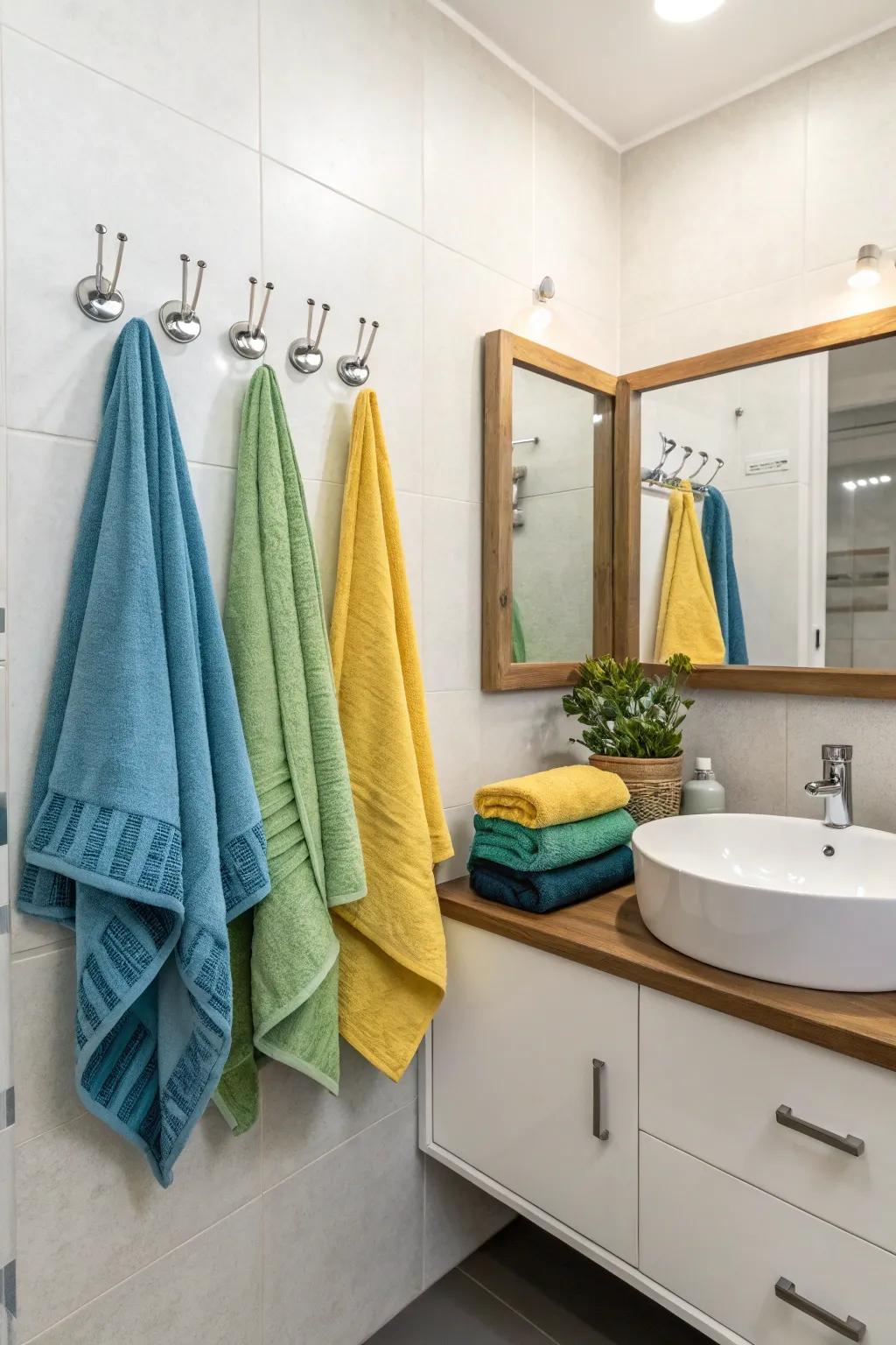 Hooks are a small-footprint way to hang towels while keeping things stylish.