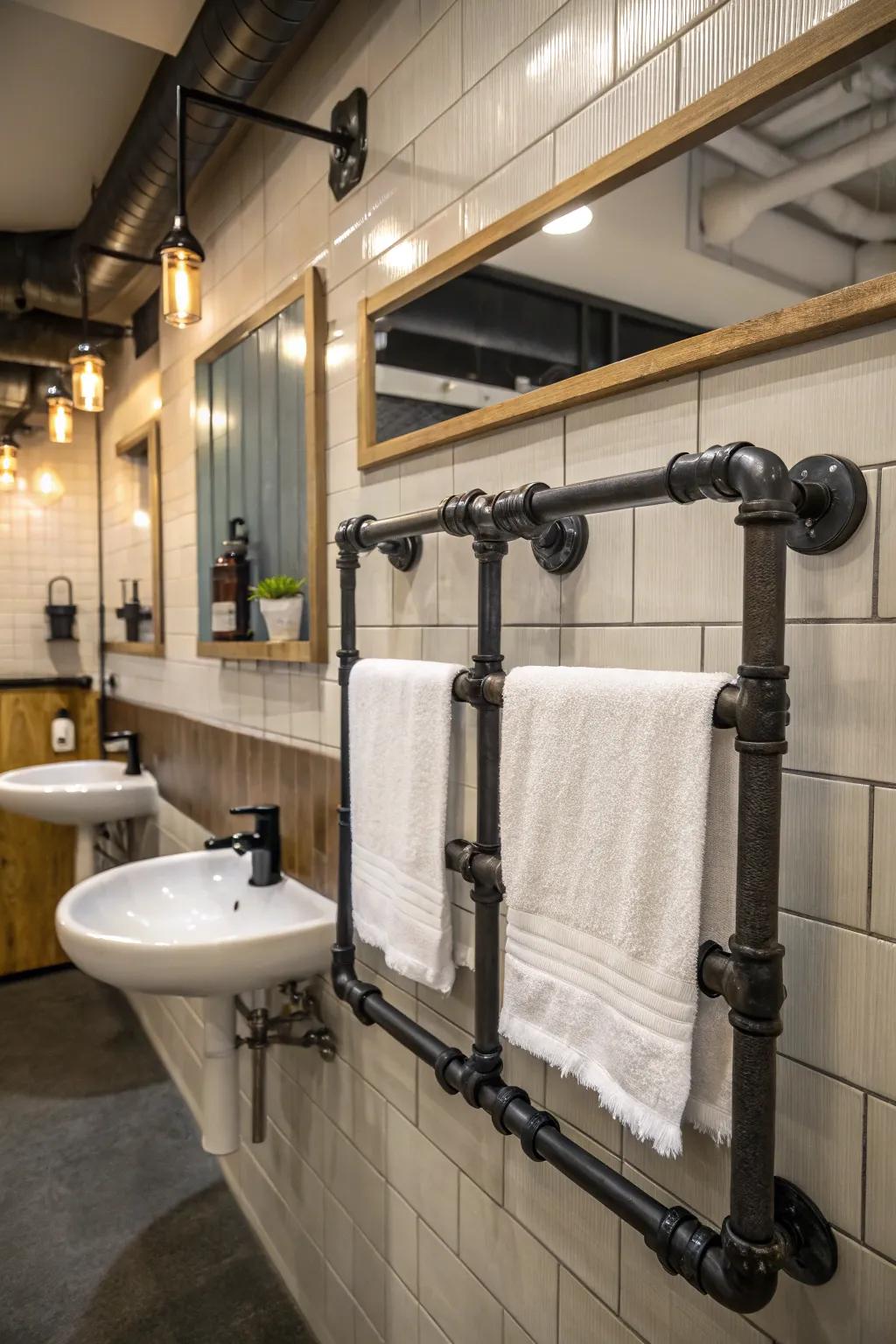 Industrial pipes add a tough charm to how you hang your towels.