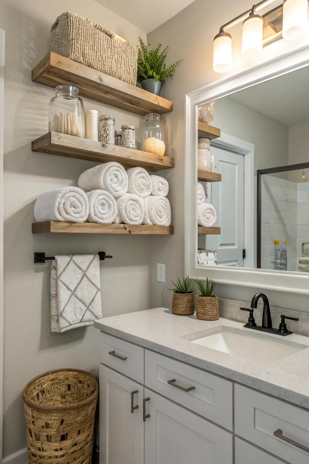 Floating shelves are a contemporary way to keep and show off towels.