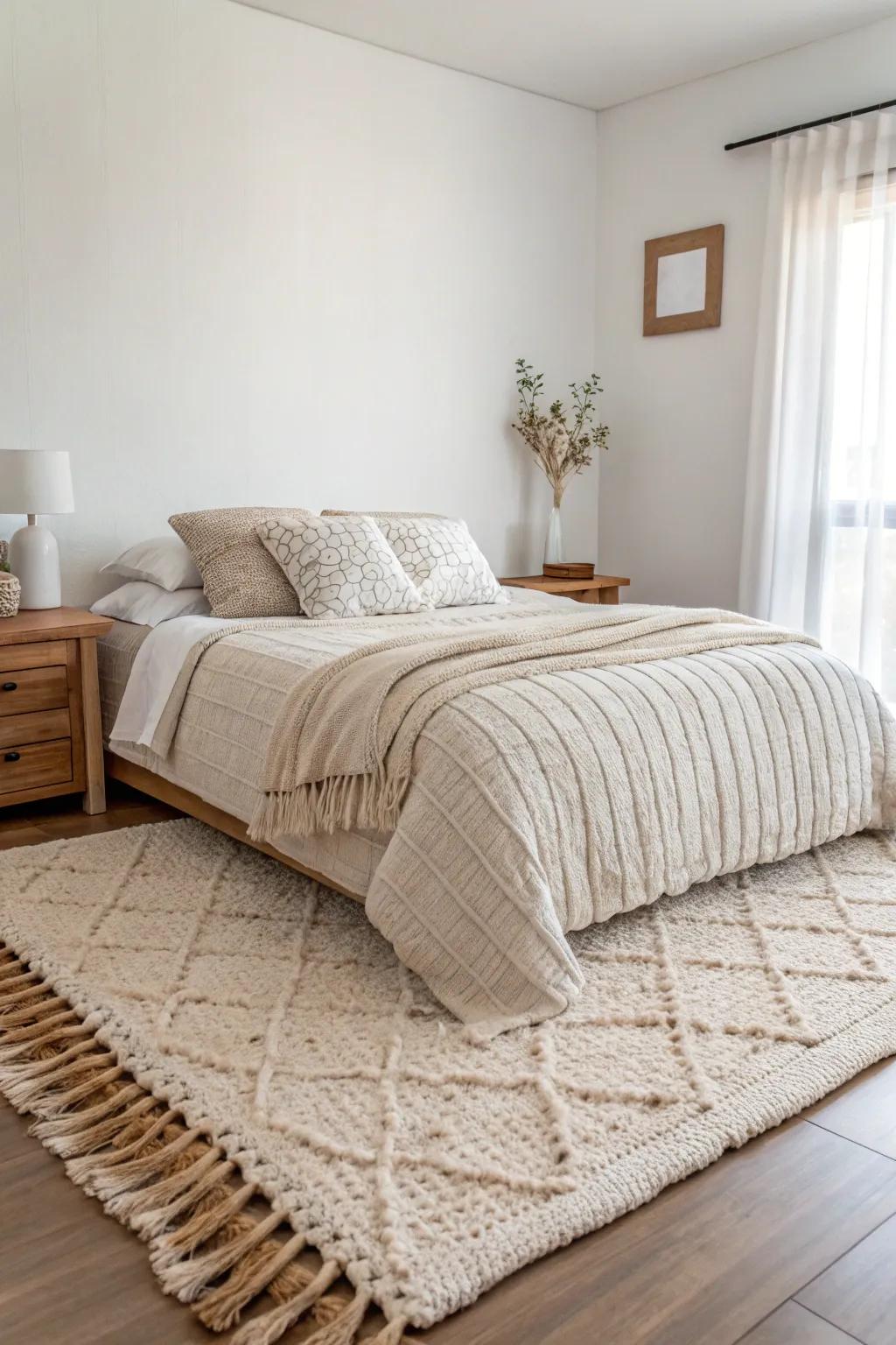 Textures enhance depth and comfort in the minimalist design.