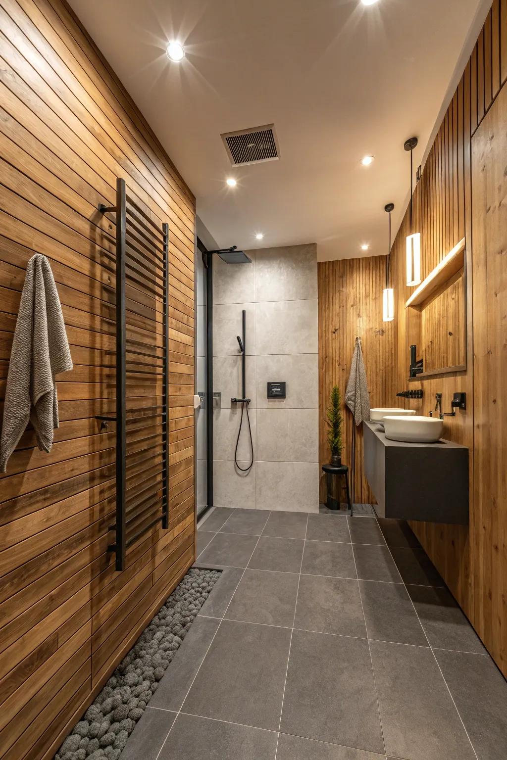 Wood paneling imparts a snug, Scandi touch to the wet room.